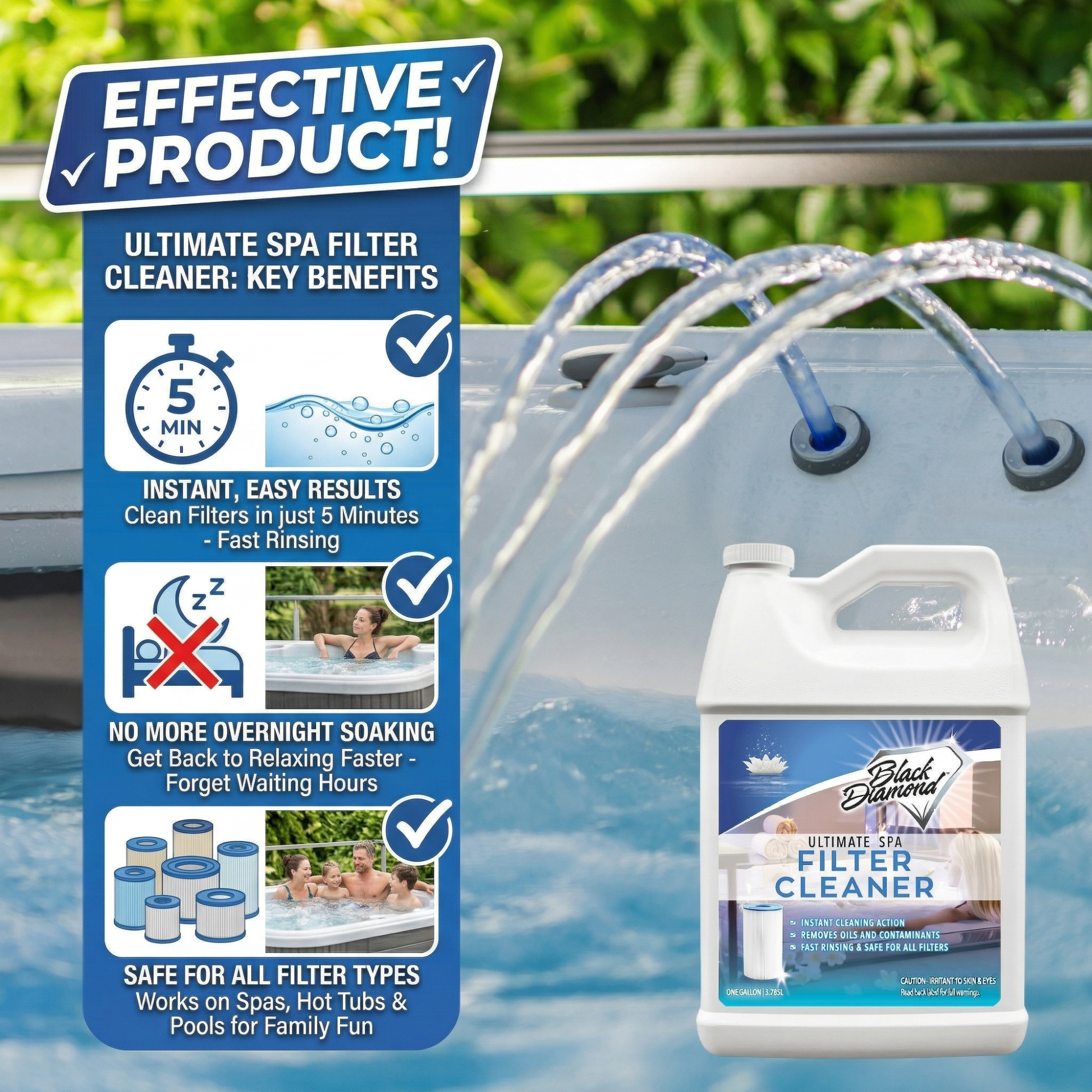 Spa filter cleaner with product benefits displayed on a spa background