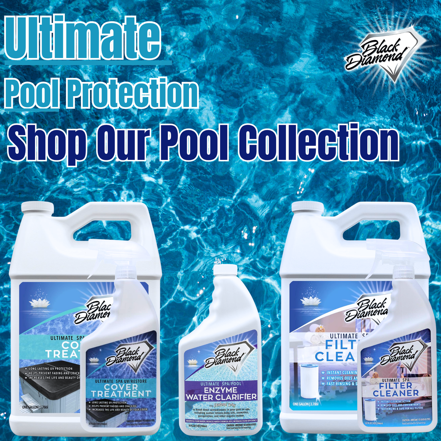 Black Diamond pool care products with a pool background