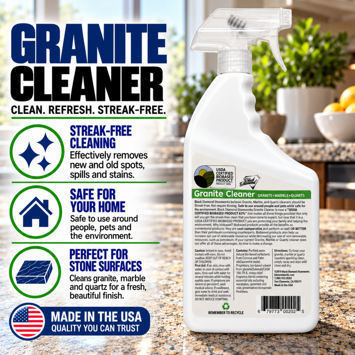 Black Diamond Stoneworks Granite Counter Cleaner: USDA Certified BIOBASED- Safe for Granite, Quartz, Marble, Travertine, Countertops