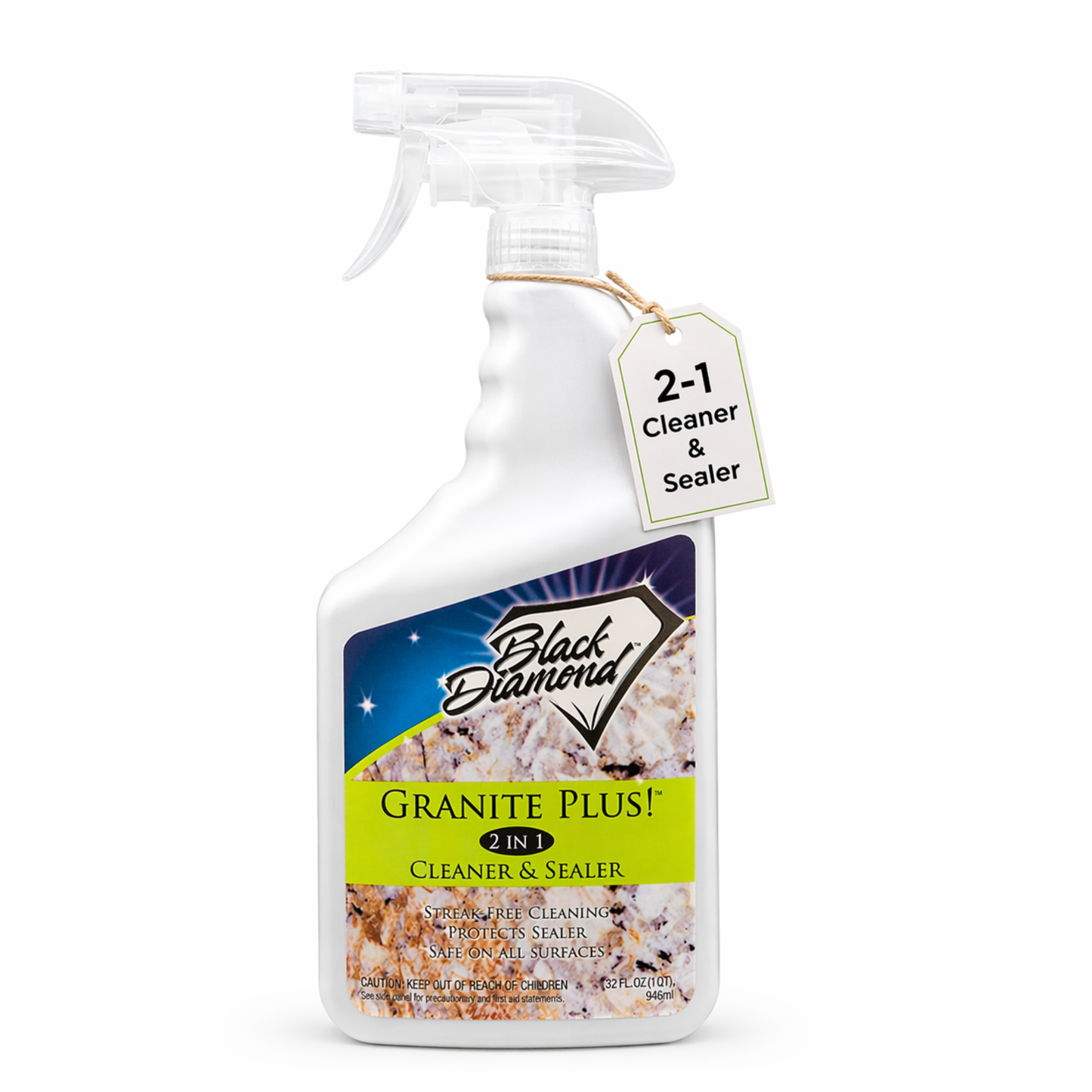 Spray bottle labeled 'Black Diamond Granite Plus! 2 in 1 Cleaner & Sealer' on a white background