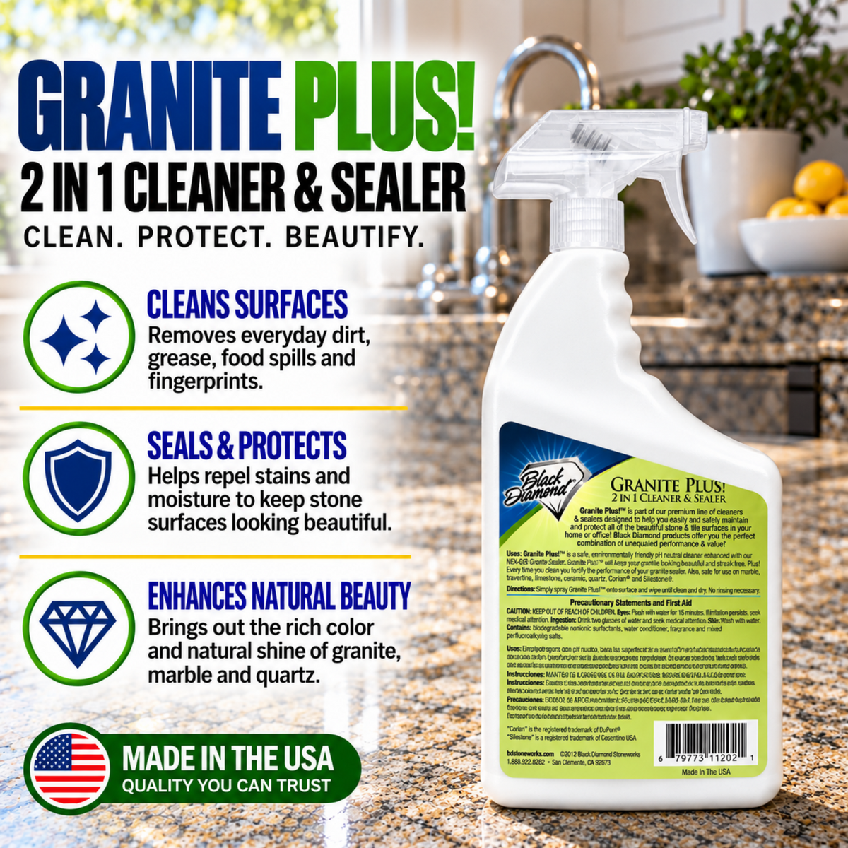 Black Diamond Stoneworks Granite Plus 2-in-1 Cleaner & Sealer, pH Neutral, Streak-Free Stone Cleaner for Granite, Marble, Quartz, Travertine & Limestone Countertops, Ready to Use