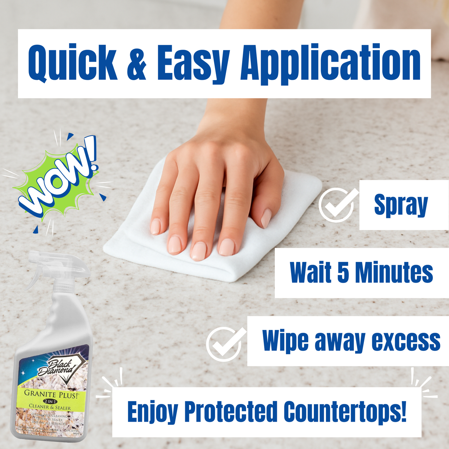 Cleaning process with text overlay on a countertop