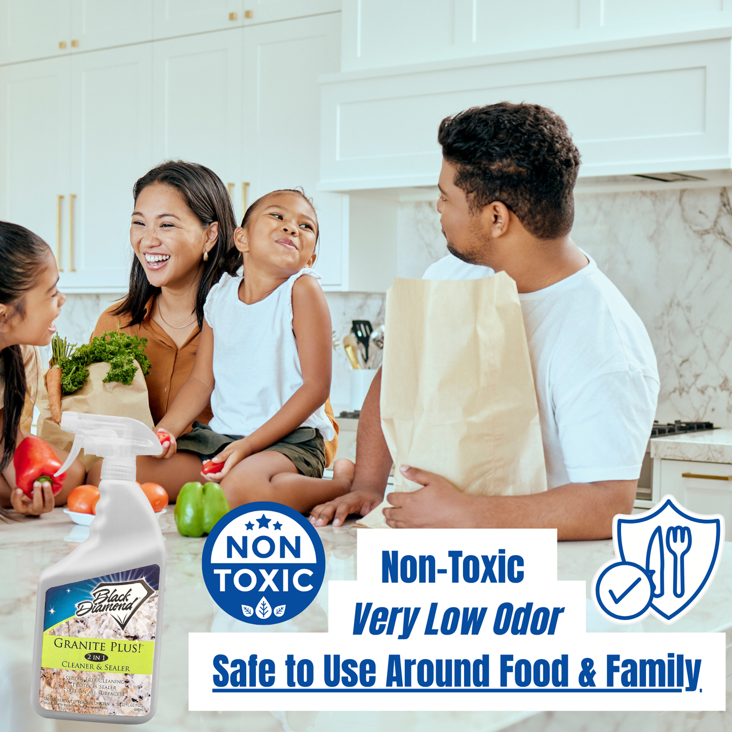 Family in a kitchen with a product labeled 'Non-Toxic' and 'Safe to Use Around Food & Family'.