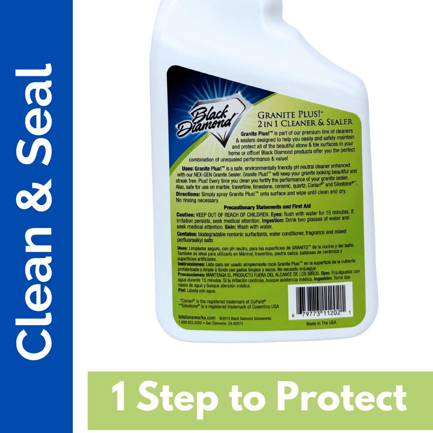 Bottle of Black Diamond Granite Plus cleaner and sealer with text on a white background