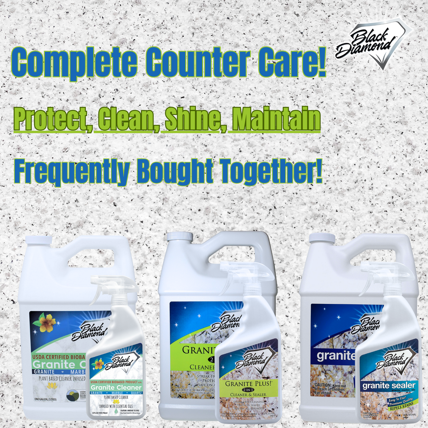 Black Diamond granite care products on a granite countertop background