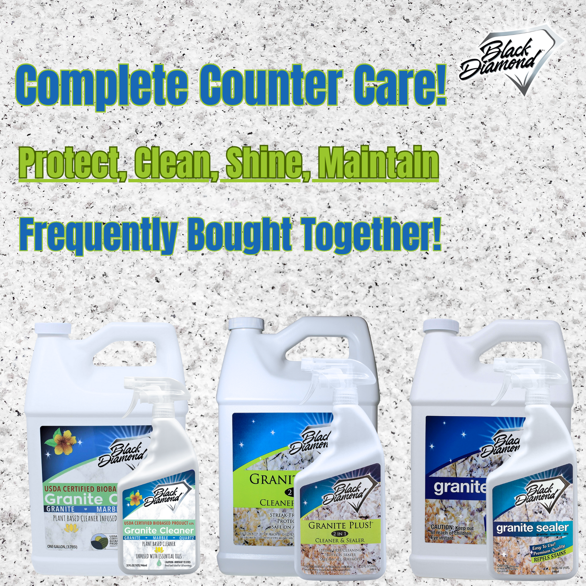 Black Diamond granite care products on a granite countertop background