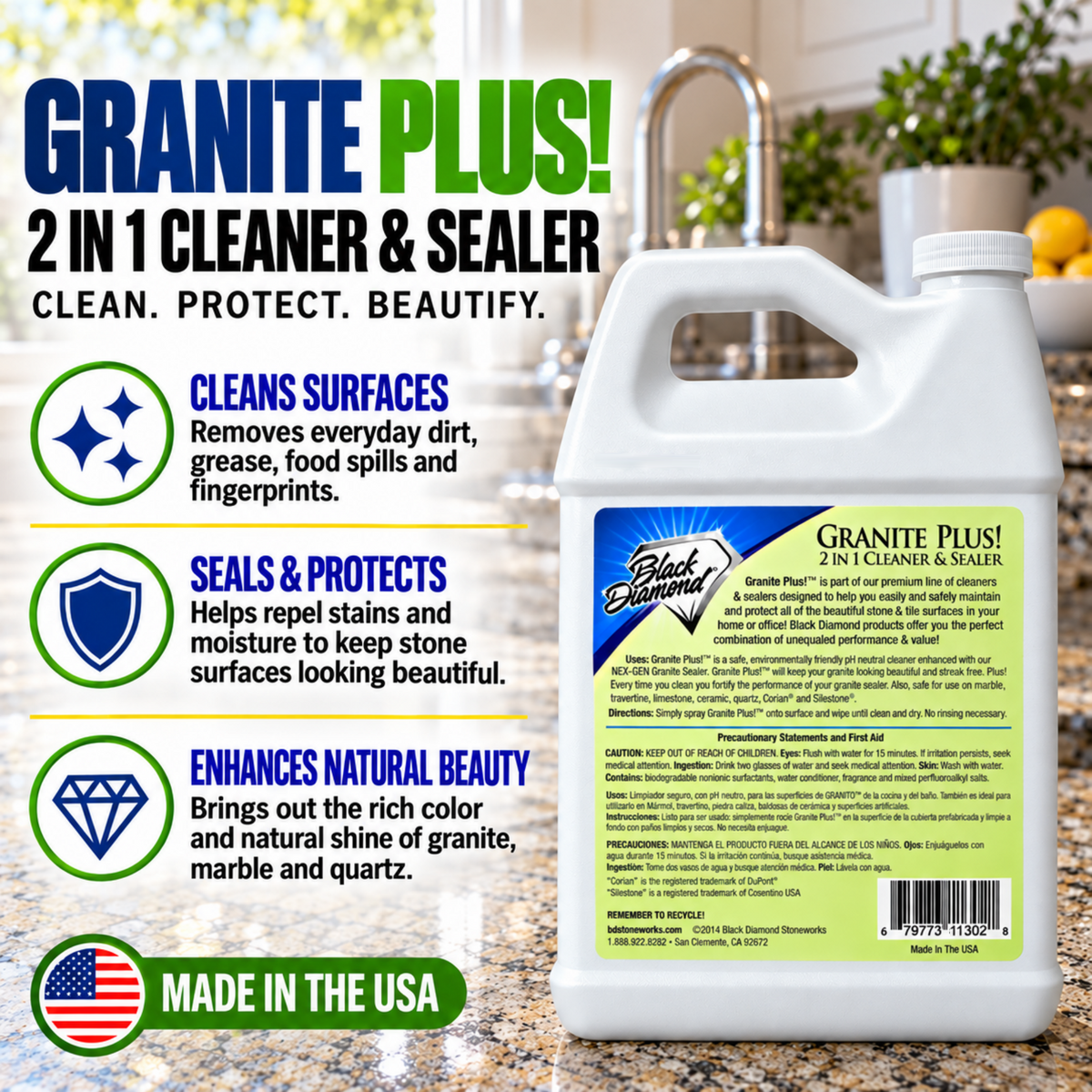 Black Diamond Stoneworks Granite Plus 2-in-1 Cleaner & Sealer, pH Neutral, Streak-Free Stone Cleaner for Granite, Marble, Quartz, Travertine & Limestone Countertops, Ready to Use