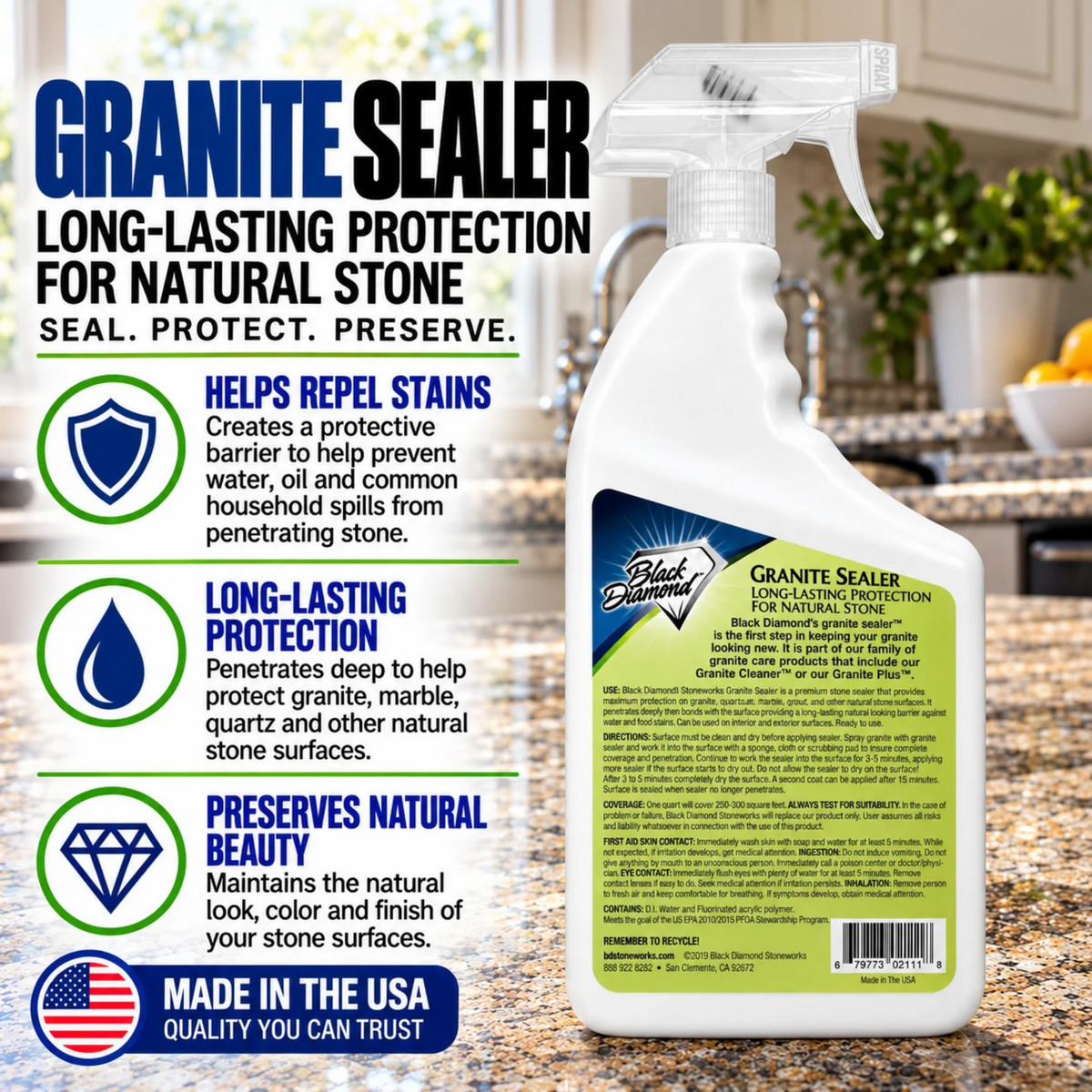 Black Diamond Stoneworks Granite Sealer: Seals and Protects, Granite, Marble, Travertine, Limestone and Concrete Counter Tops. Works Great On Grout, Fireplaces and Patios.