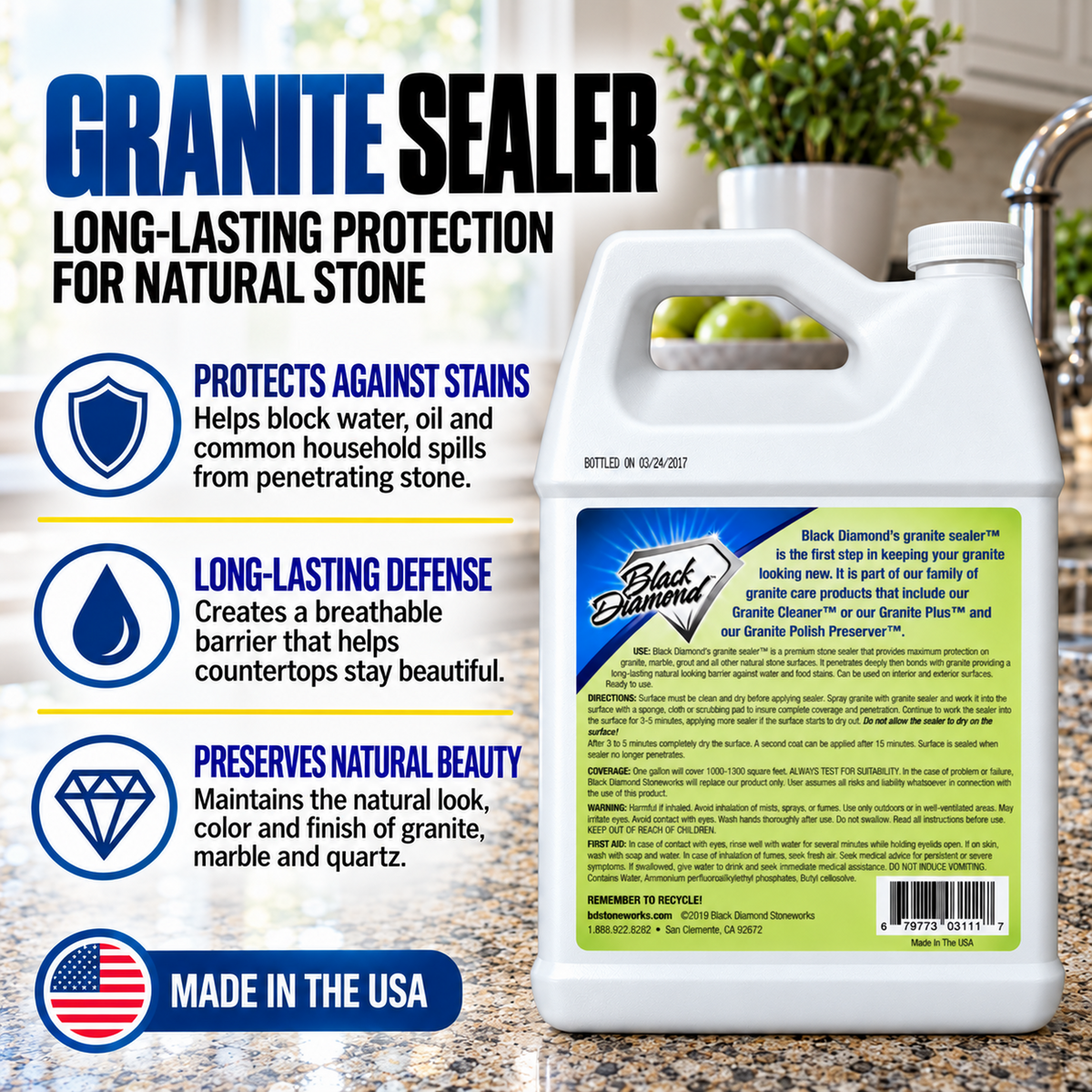 Black Diamond Stoneworks Granite Sealer: Seals and Protects, Granite, Marble, Travertine, Limestone and Concrete Counter Tops. Works Great On Grout, Fireplaces and Patios.