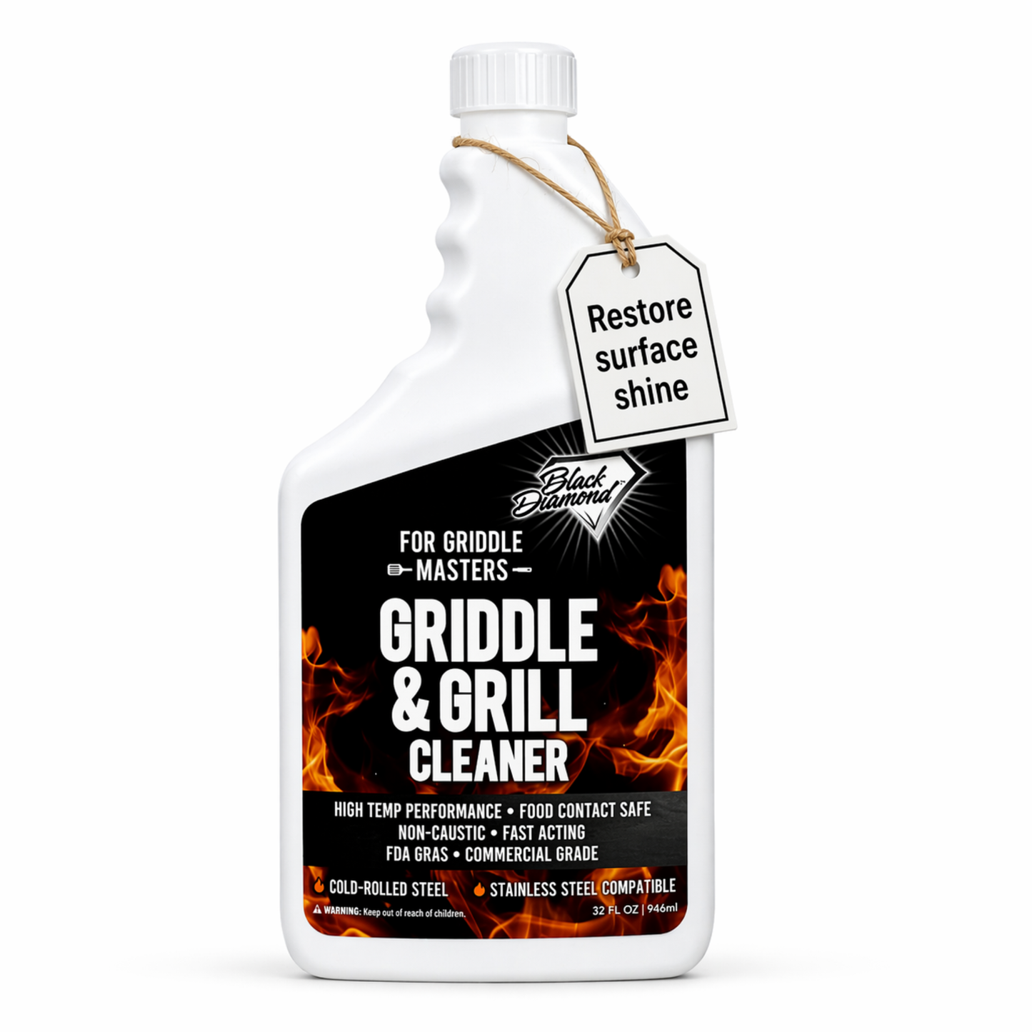 Griddle and grill cleaner bottle with flame design on a white background