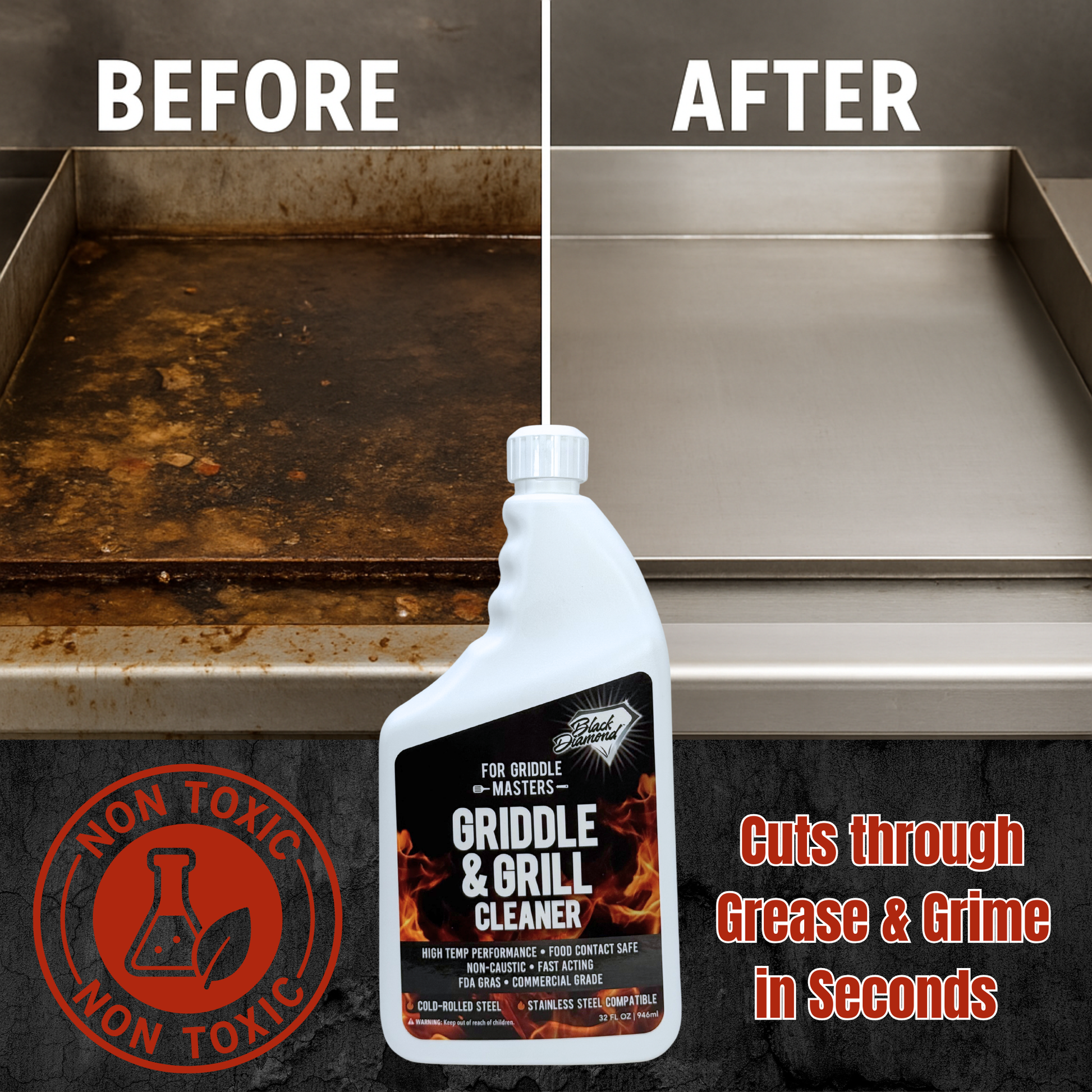 Before and after comparison of a griddle with cleaning product, highlighting effectiveness.