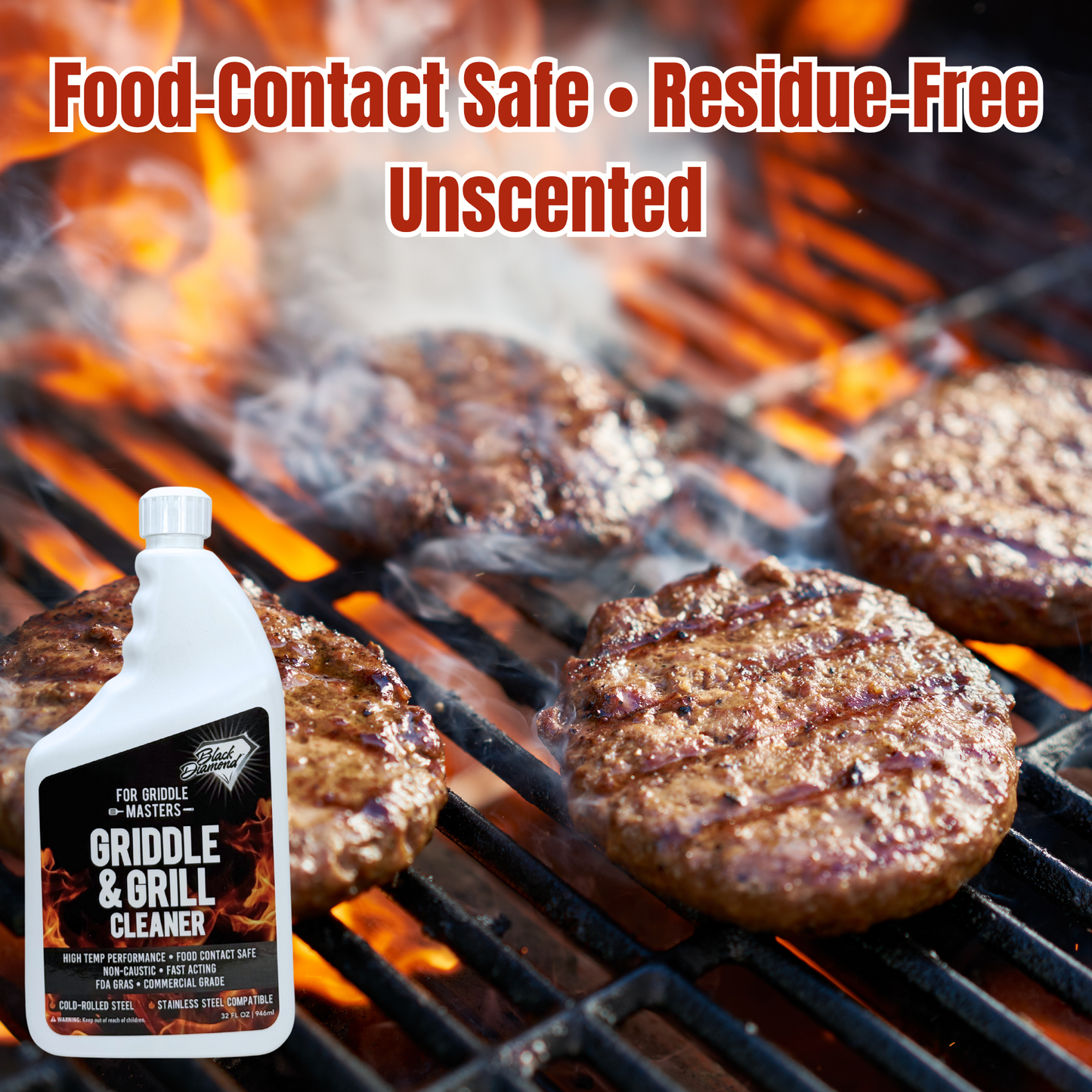 Griddle & Grill Cleaner bottle on a grill with burgers cooking