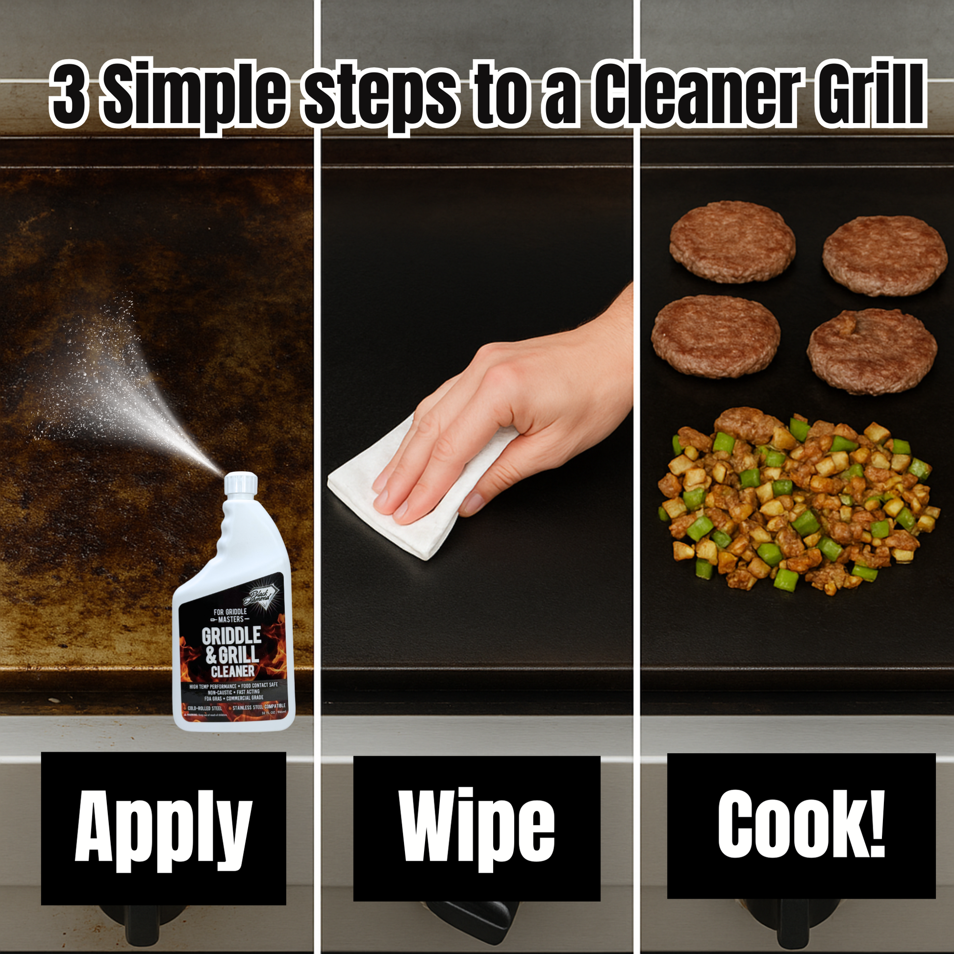 Step-by-step guide to cleaning a grill with images and text labels.