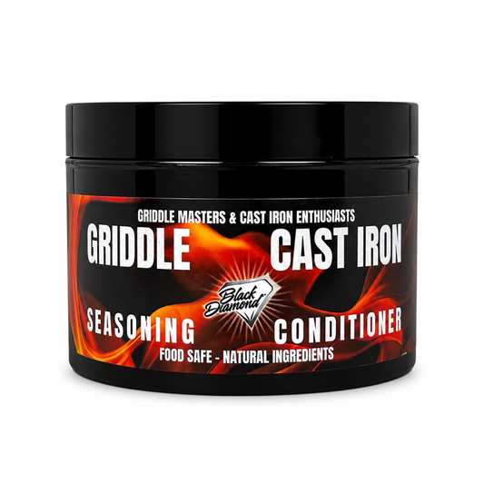 Black container of Griddle Cast Iron Seasoning Conditioner with fiery design on a white background