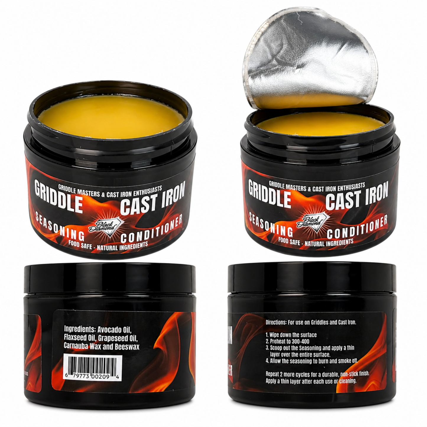 Four containers of 'Griddle Cast Iron Seasoning Conditioner' on a white background