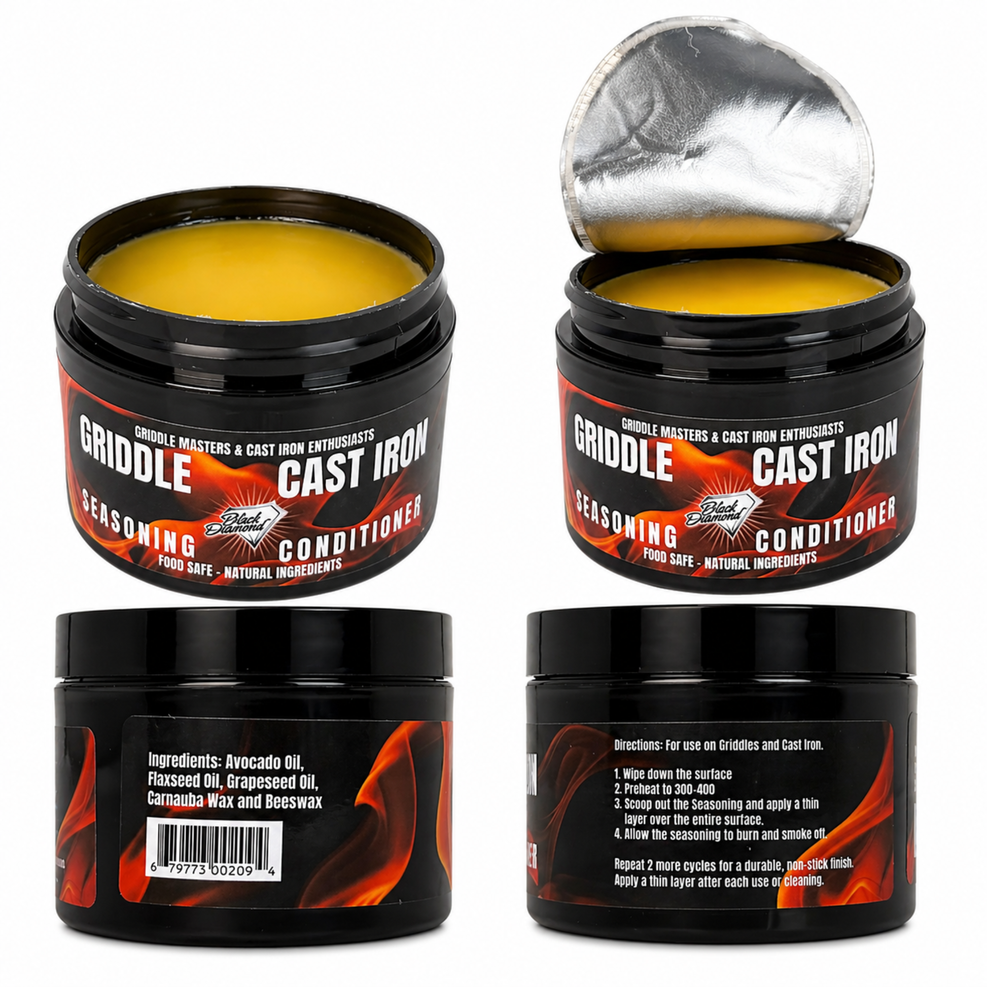 Four containers of 'Griddle Cast Iron Seasoning Conditioner' on a white background