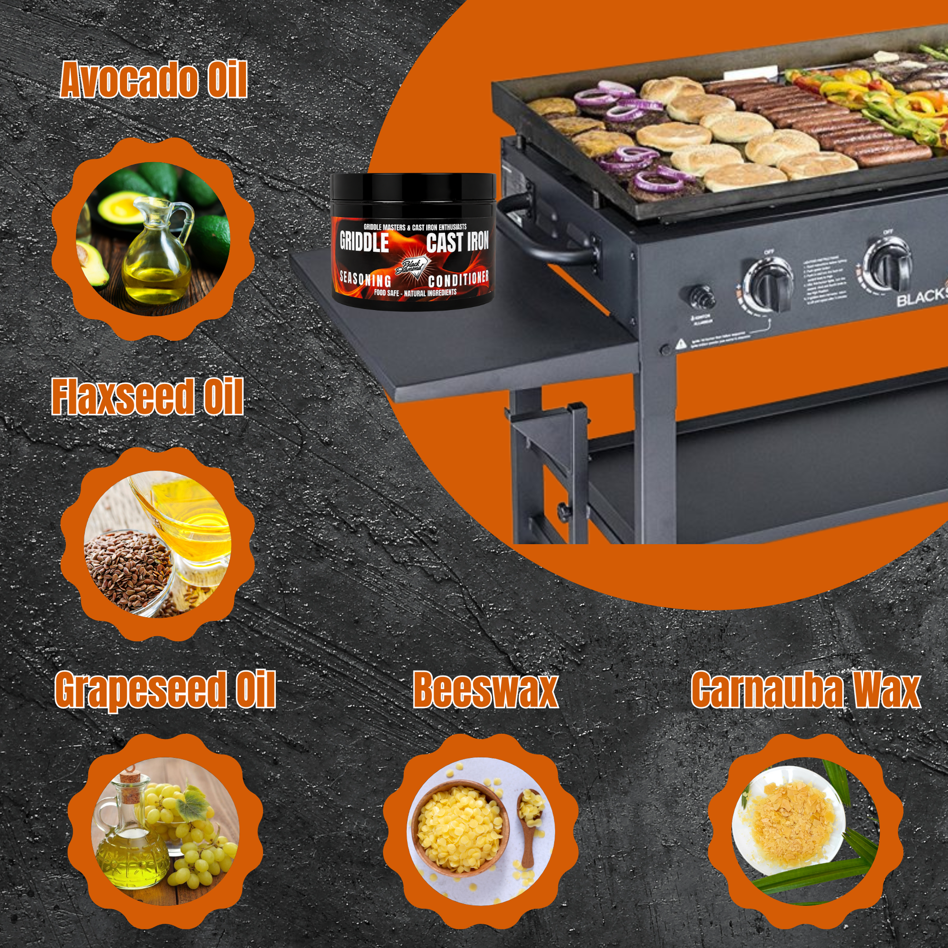 Grill with cooking food, surrounded by images of avocado oil, flaxseed oil, grapesseed oil, beeswax, and carnauba wax.