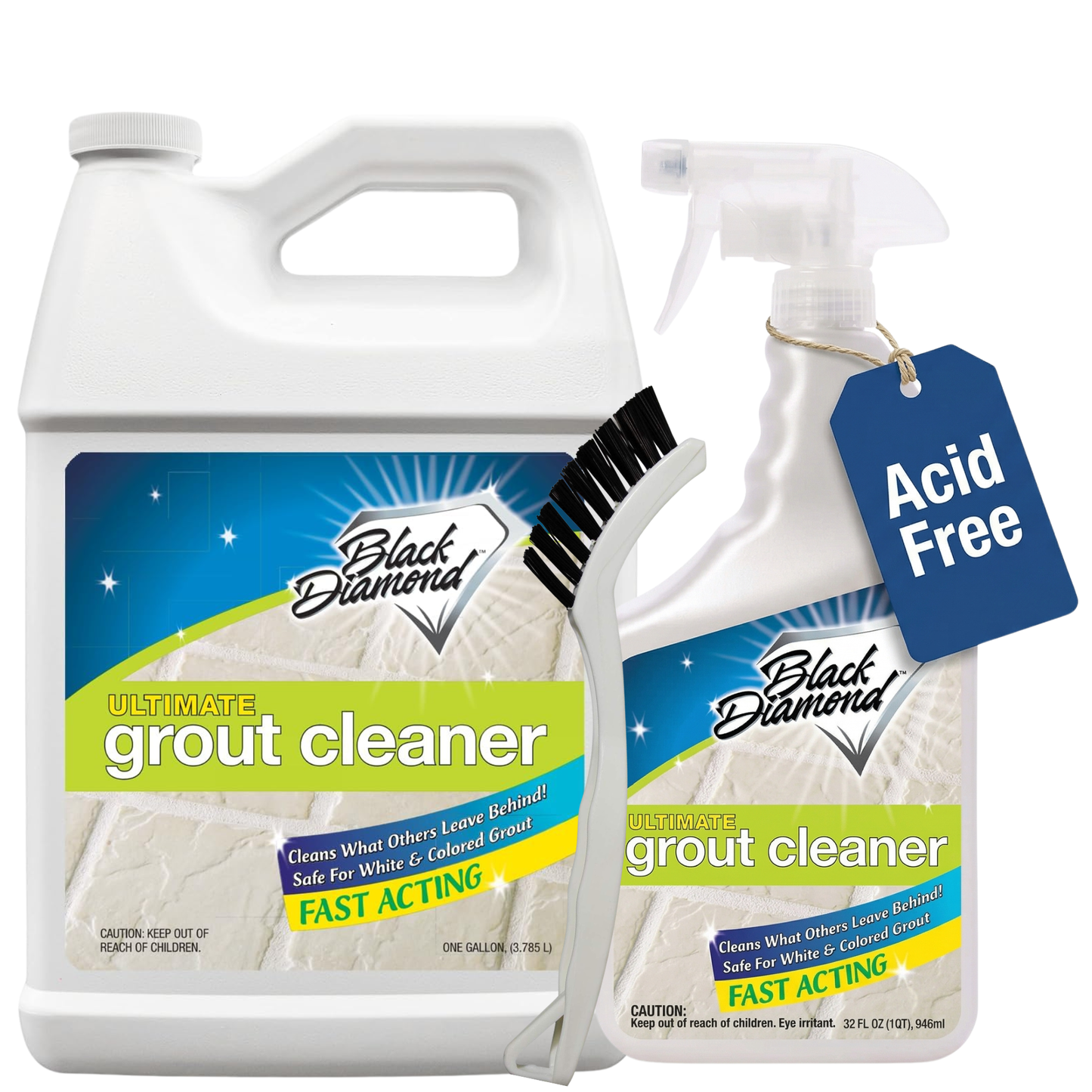 Two bottles of Black Diamond grout cleaner, one gallon and one spray bottle, on a white background.