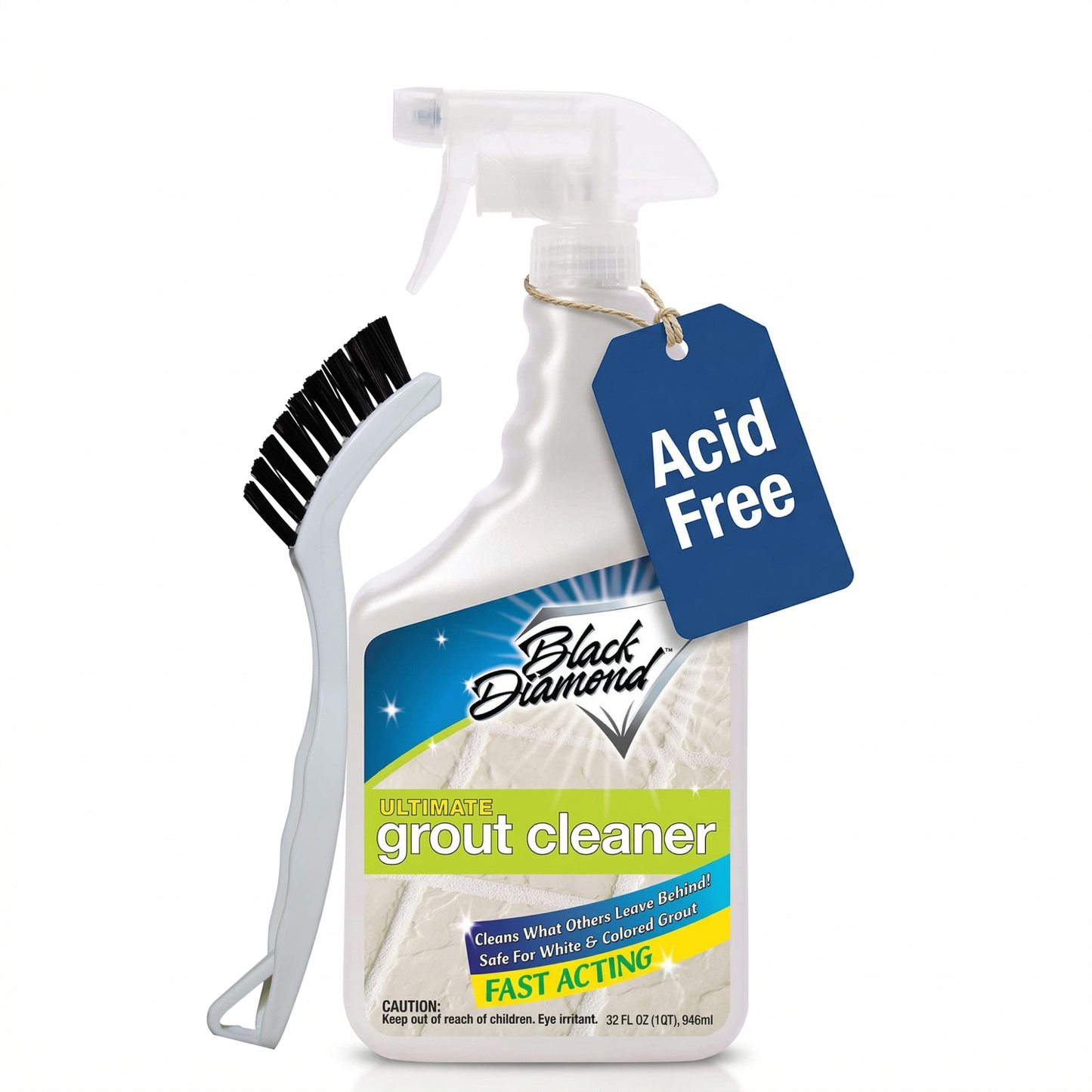 Black Diamond grout cleaner with a brush and 'Acid Free' tag on a white background