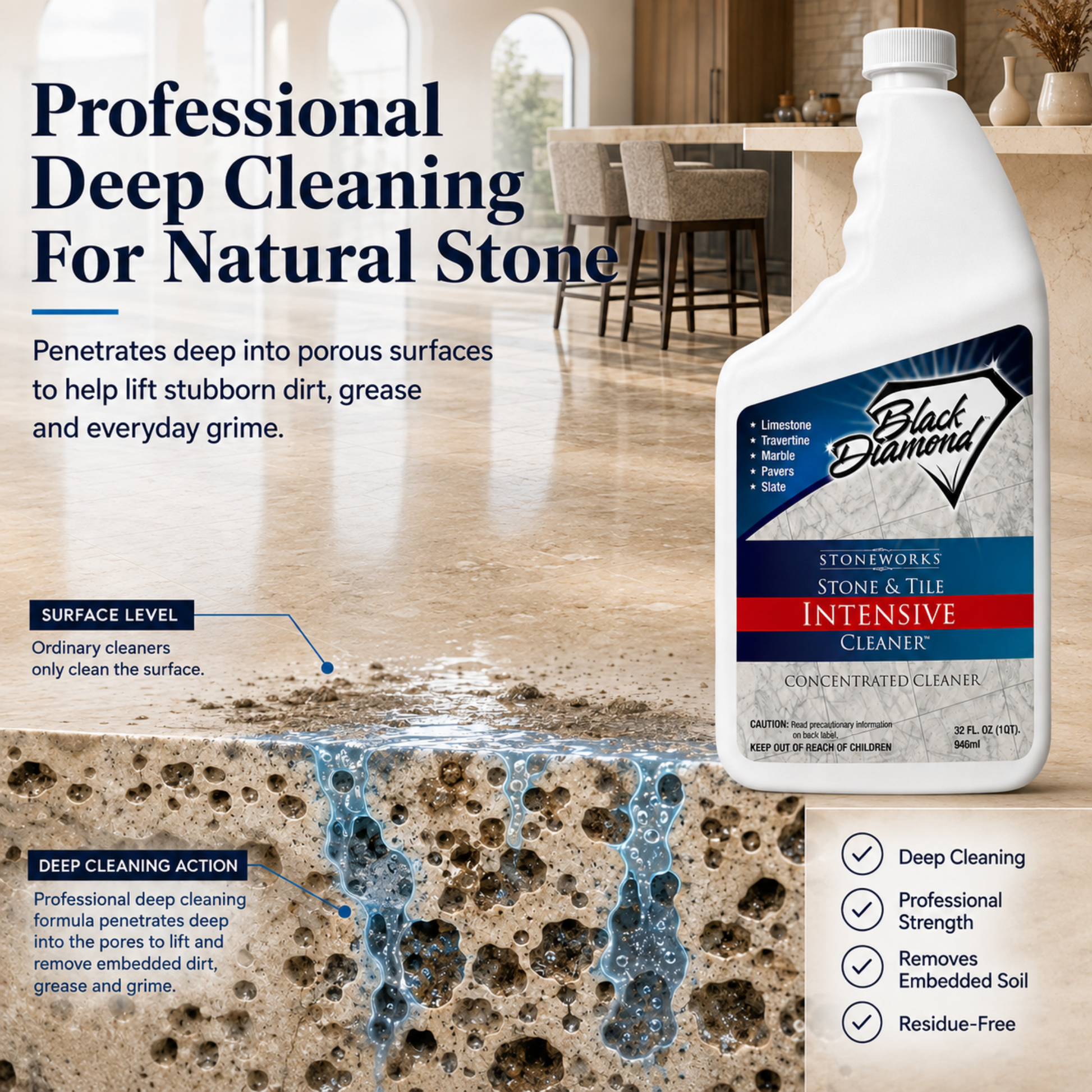 A bottle of Black Diamond Intensive Cleaner deep cleaning solution shown next to a polished stone floor with water pooling to demonstrate penetration. The image features marketing text, diagrams of the cleaning process at surface and deep levels, and a list of benefits on a clean, light background.