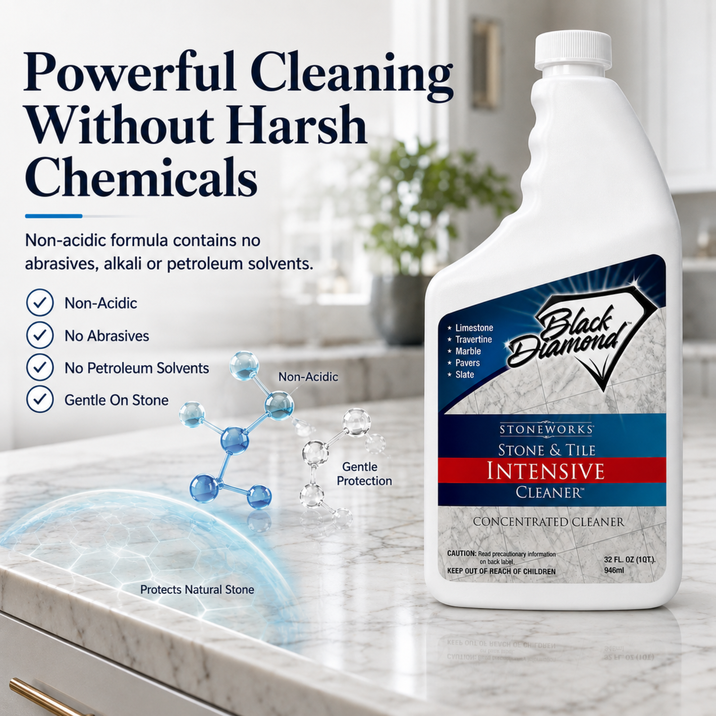 A bottle of Black Diamond Stoneworks Stone & Tile Intensive Cleaner shown using powerful cleaning technology without any acids, abrasives, petroleum solvents and being gentle on stone while cleaning deeply. 