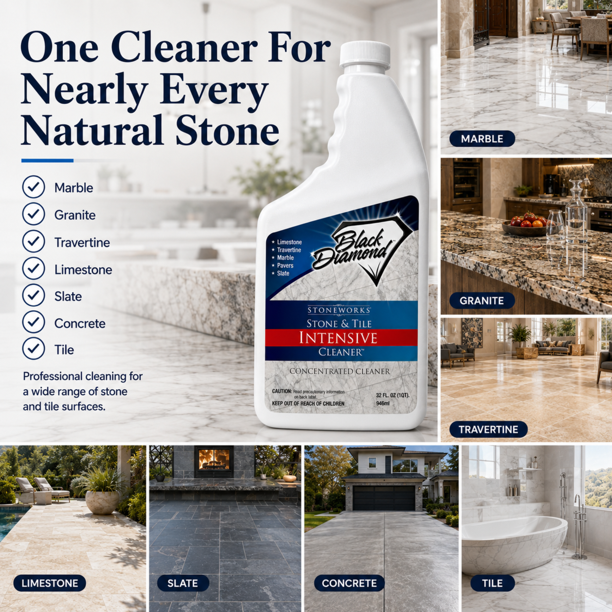A bottle of Black Diamond Stone & Tile Intensive Cleaner showing how it works on all stone types 'One Cleaner For Nearly Every Natural Stone' and a list of stone types (Marble, Granite, Travertine, Limestone, Slate, Concrete, Tile) with corresponding before-and-after images of stone surfaces.