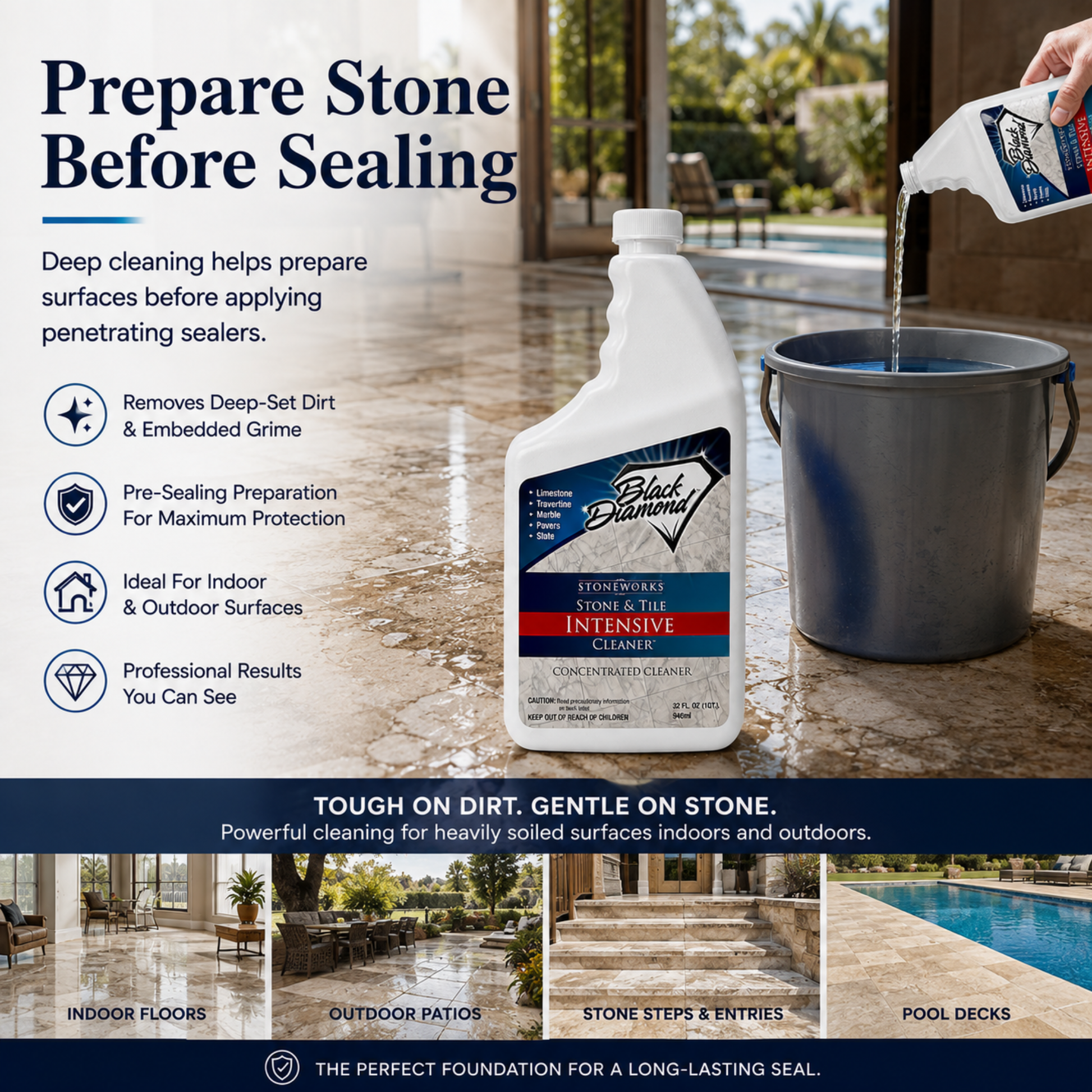 Black Diamond Stone & the Intensive Cleaner shown on a stone patio next to a bucket with liquid being poured into it, with text explaining how this cleaner prepares stone with a deep clean and is good to use before sealing your stone. 