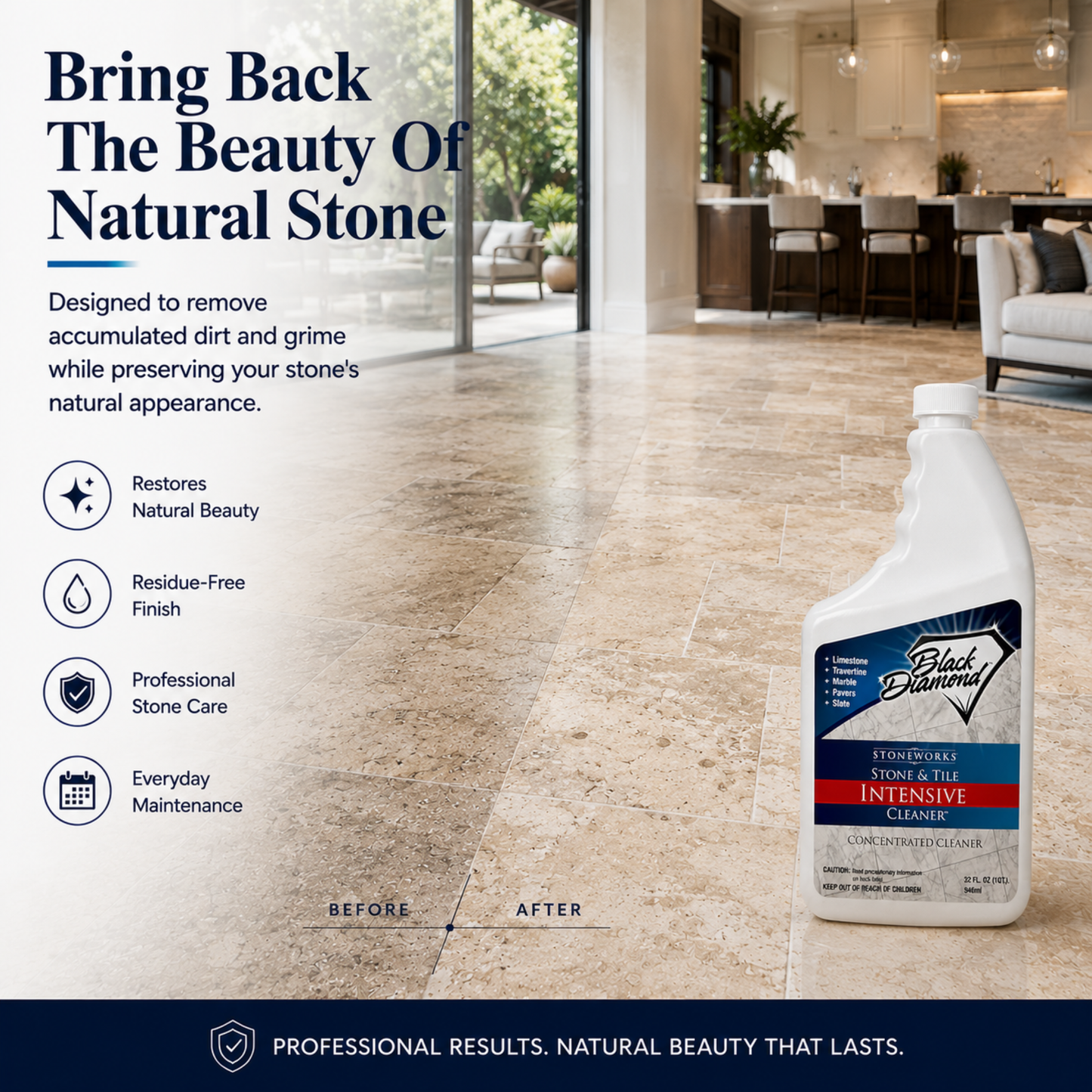 A bottle of Black Diamond Intensive Cleaner is shown on a beige stone floor in a modern living room setting, with marketing text on the left describing benefits of the cleaner and restoring natural beauty and residue-free finish.