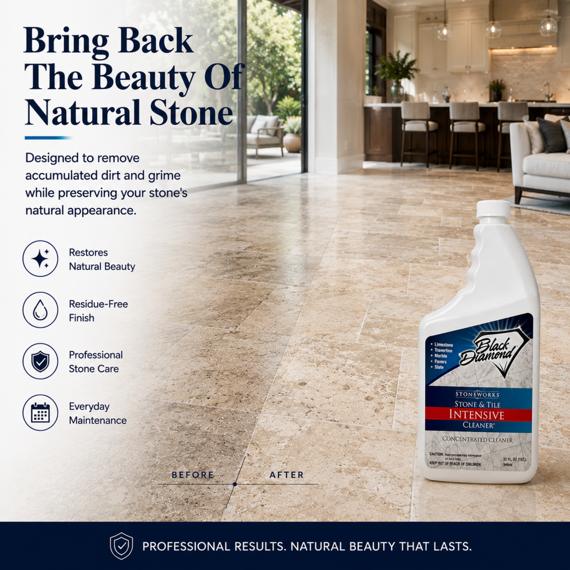 A bottle of Black Diamond Intensive Cleaner is shown on a beige stone floor in a modern living room setting, with marketing text on the left describing benefits of the cleaner and restoring natural beauty and residue-free finish.