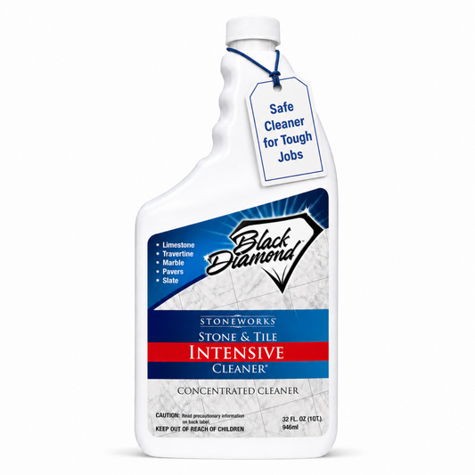 A white bottle of Black Diamond Stoneworks Stone & Tile Intensive Cleaner, featuring a blue and red label and a white hanging tag that reads 'Safe Cleaner for Tough Jobs'.