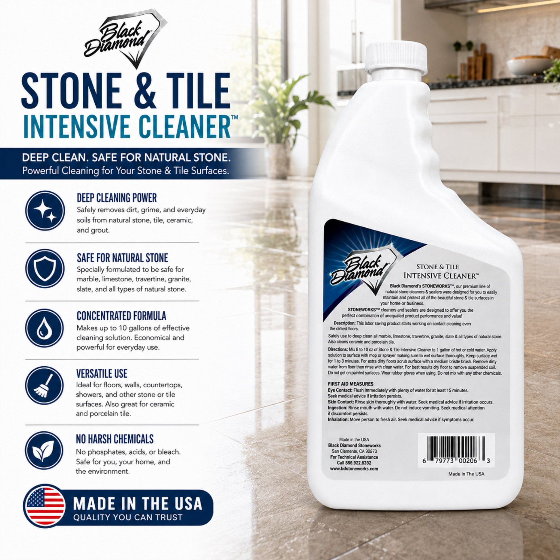 A bottle of Black Diamond Stone & Tile Intensive Cleaner shown on a light neutral background with large product information text and feature icons on the left. The bottle is white with a black cap and a mostly white label featuring black text.