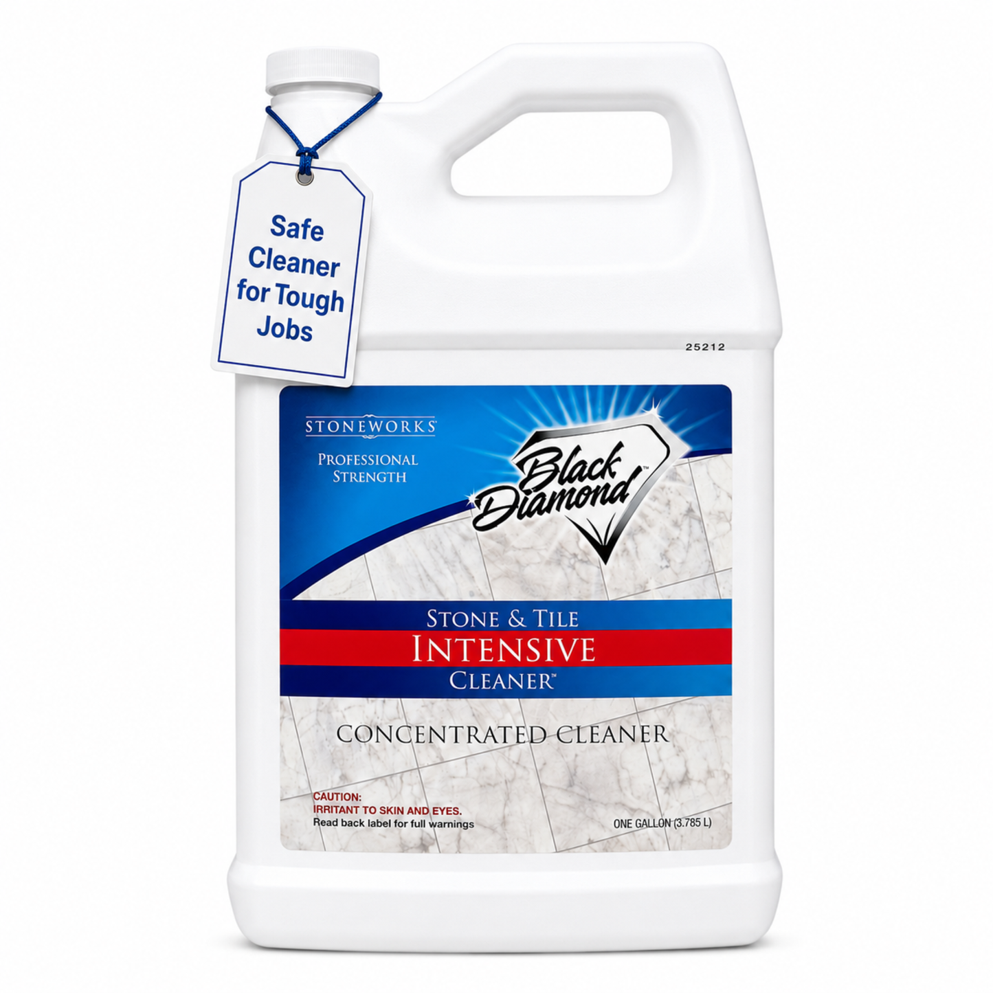A white bottle of Black Diamond Stone & Tile Intensive Cleaner with a blue and white product label and a hanging tag that reads 'Safe Cleaner for Tough Jobs'.