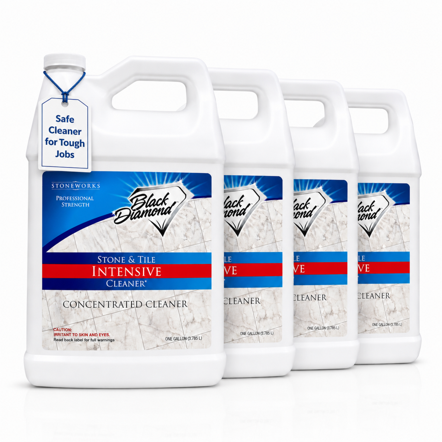 Four white gallons of black diamond Stoneworks Stone & Tile Intensive Cleaner arranged in a row on a white background, with a blue hangtag attached to the front jug.