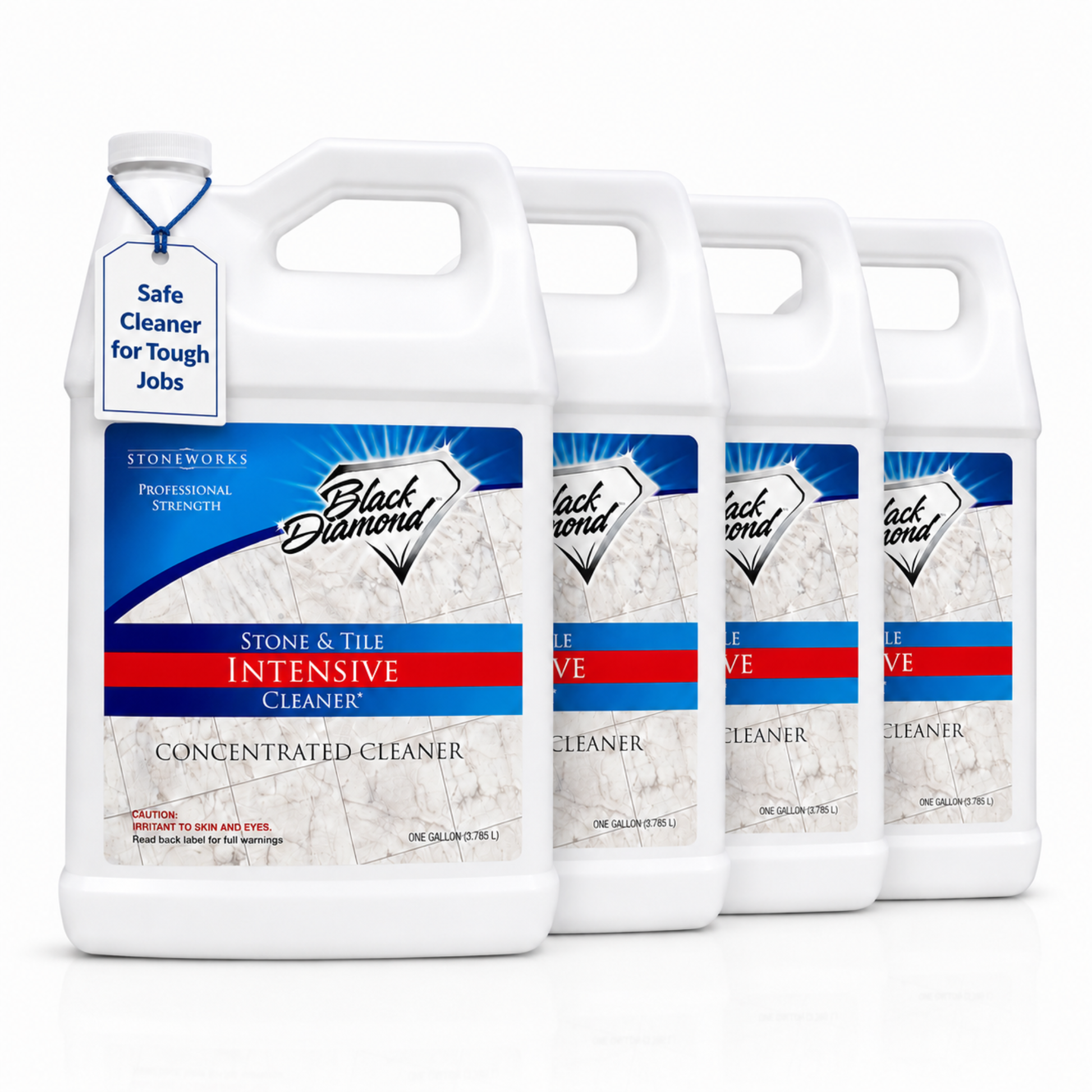 Four white gallons of black diamond Stoneworks Stone & Tile Intensive Cleaner arranged in a row on a white background, with a blue hangtag attached to the front jug.