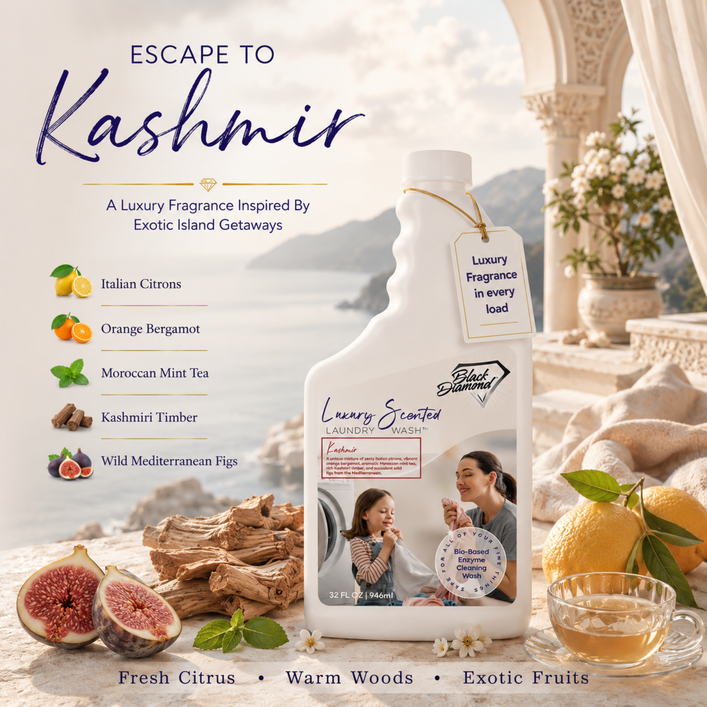 Product packaging with 'Escape to Kashmir' fragrance inspired by exotic island getaways, featuring a scenic background.