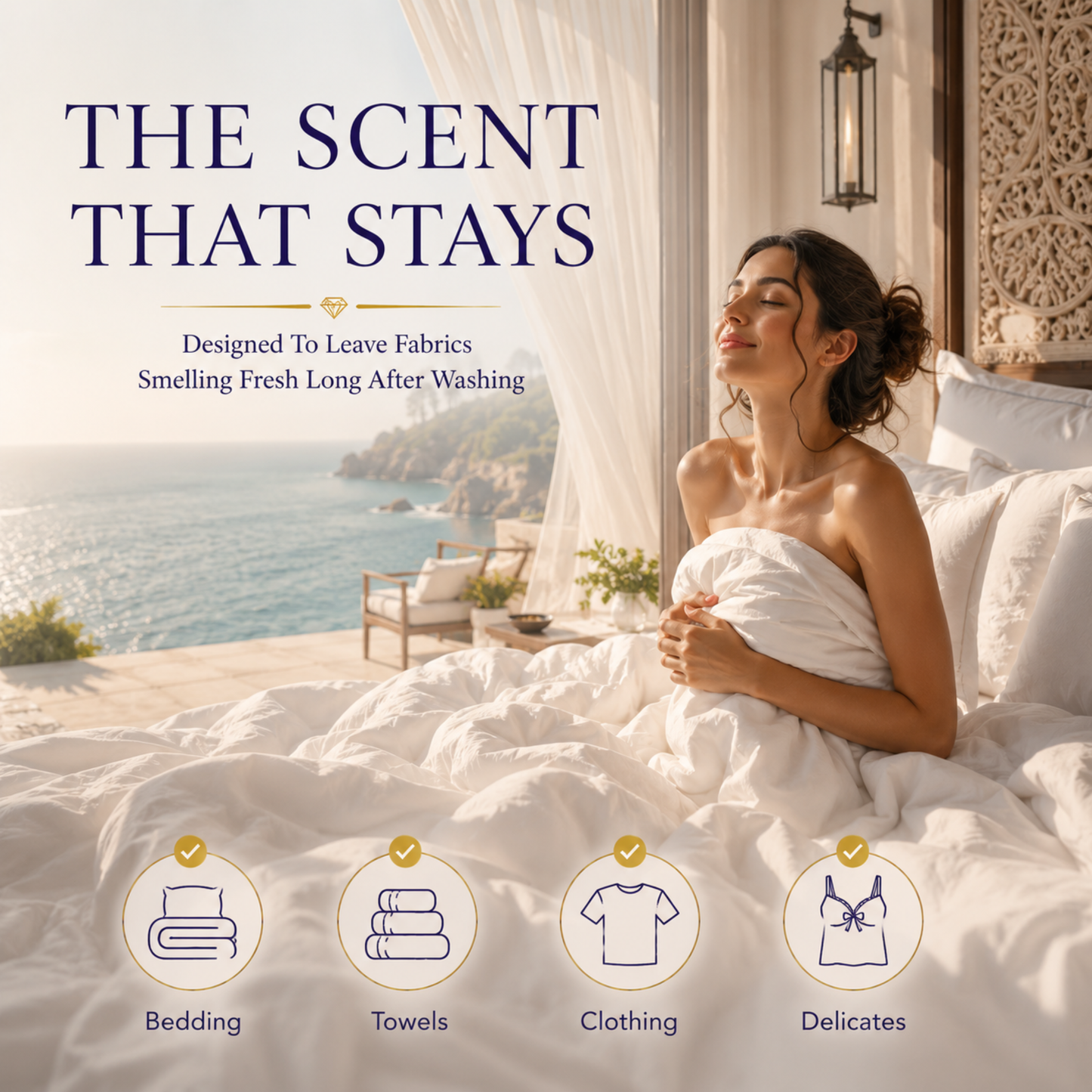 Woman wrapped in a white towel in a luxurious bedroom with scenic view, promoting fabric freshness product.