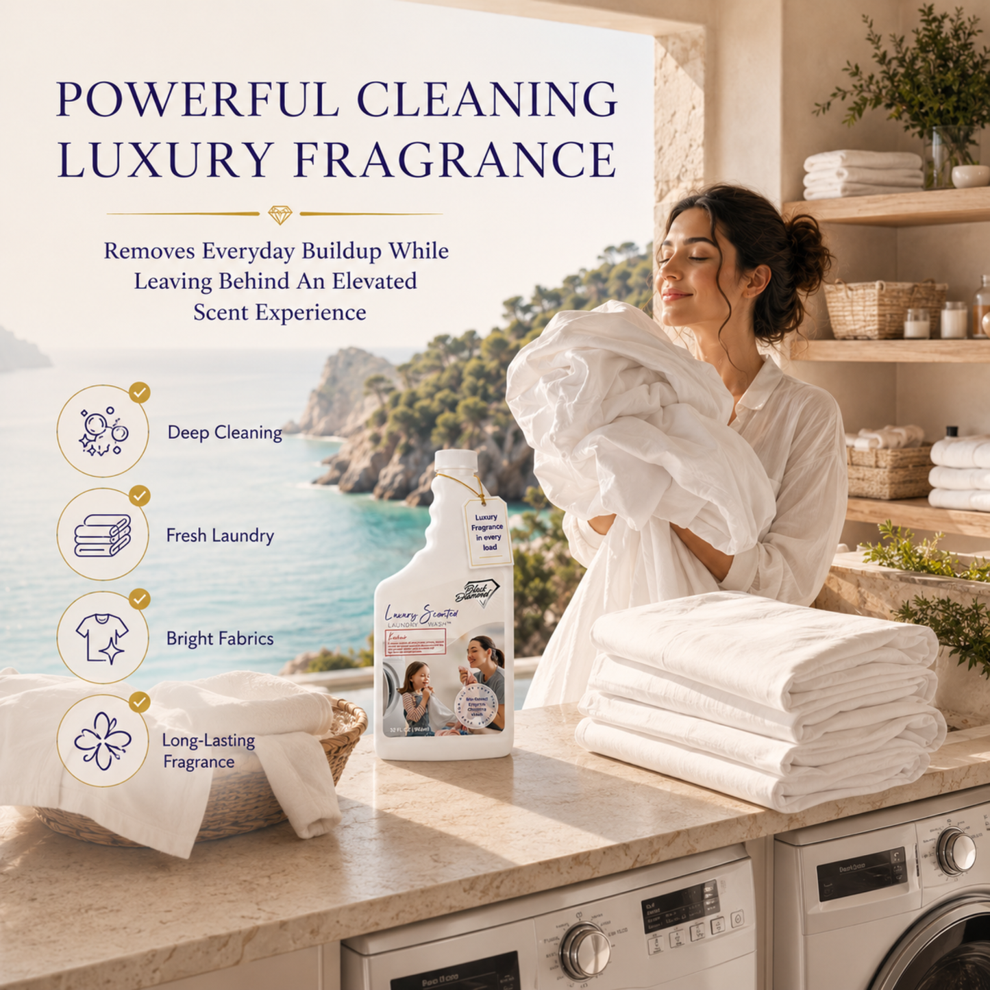 Woman holding white towels with a bottle of laundry detergent in a kitchen setting, emphasizing powerful cleaning and luxury fragrance.