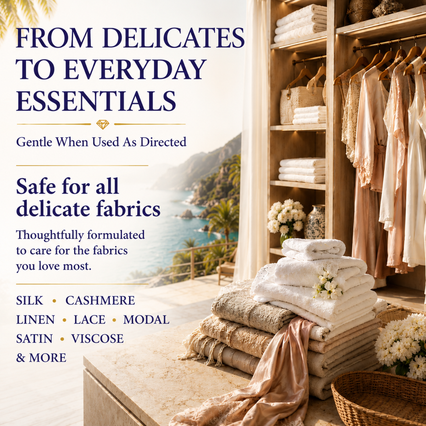 Stack of folded fabrics with a scenic background and product information text.