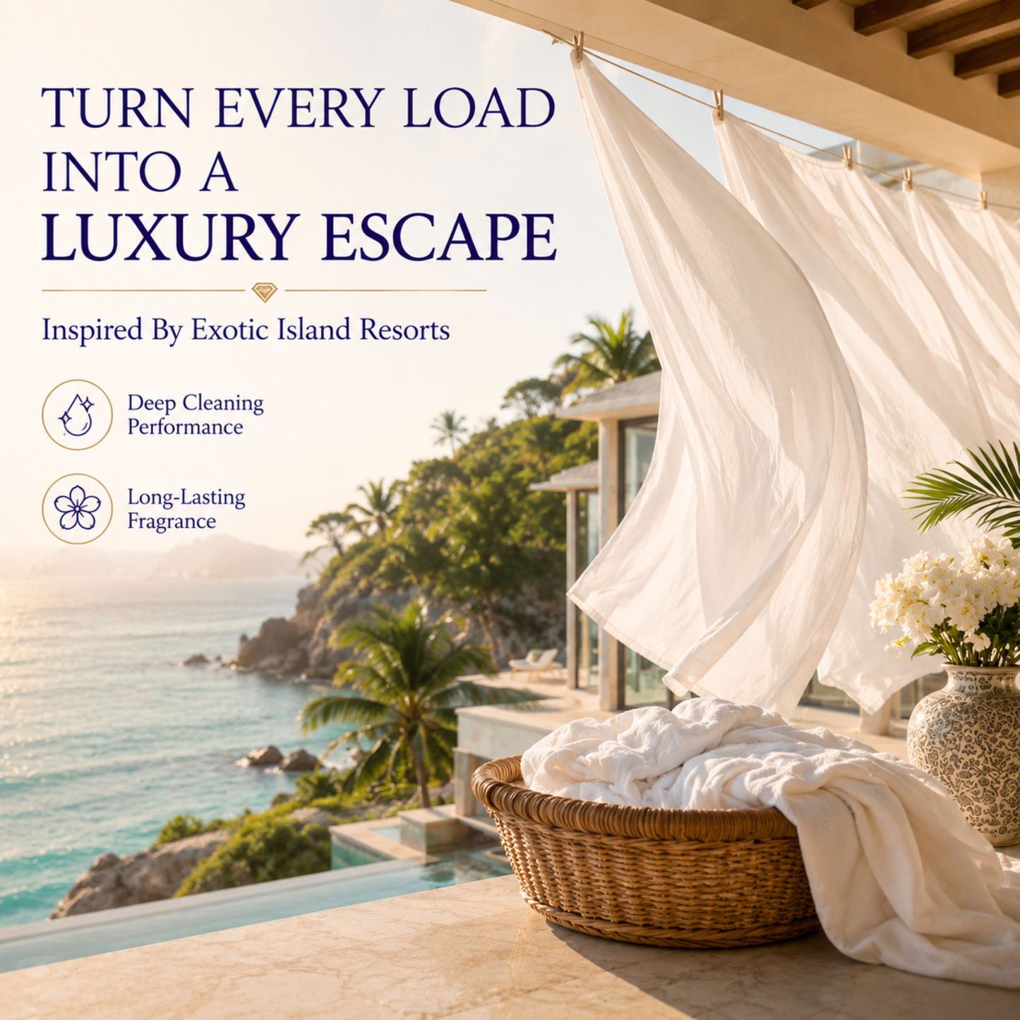 Basket of white laundry with a scenic view of a pool and ocean.