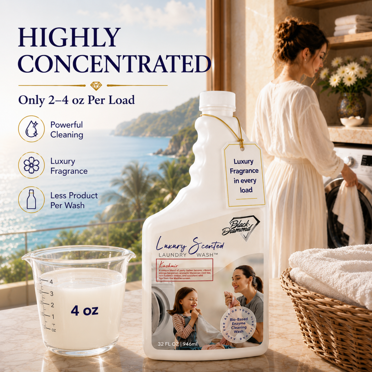 Bottle of luxury laundry wash with a measuring cup and scenic background