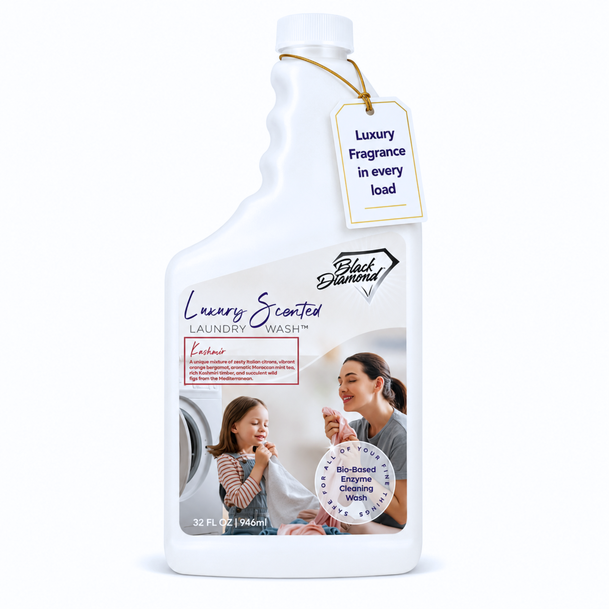 White bottle of Black Diamond laundry wash with a tag on a white background