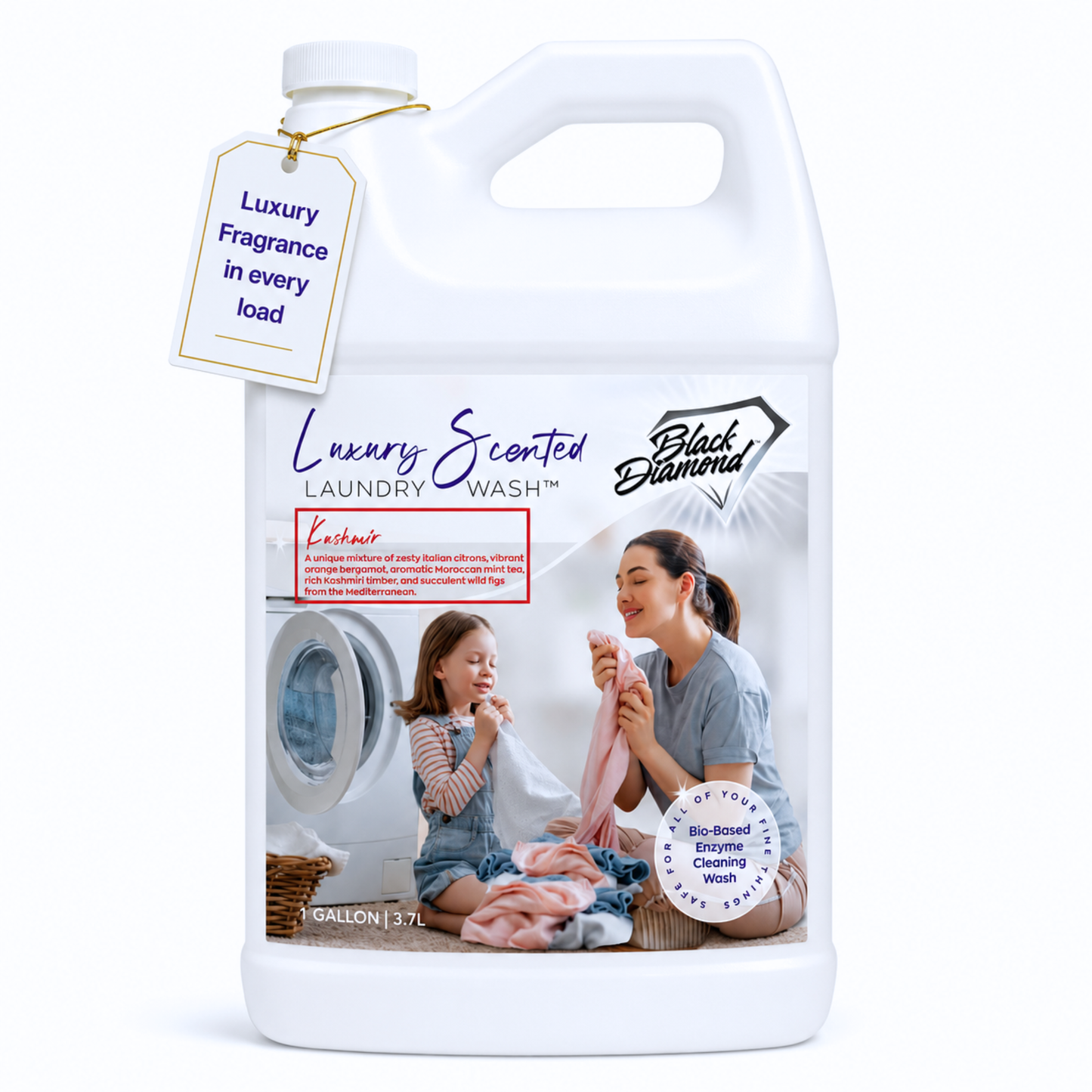 Gallon container of Black Diamond Luxury Scented Laundry Wash with a woman and child at a washing machine.