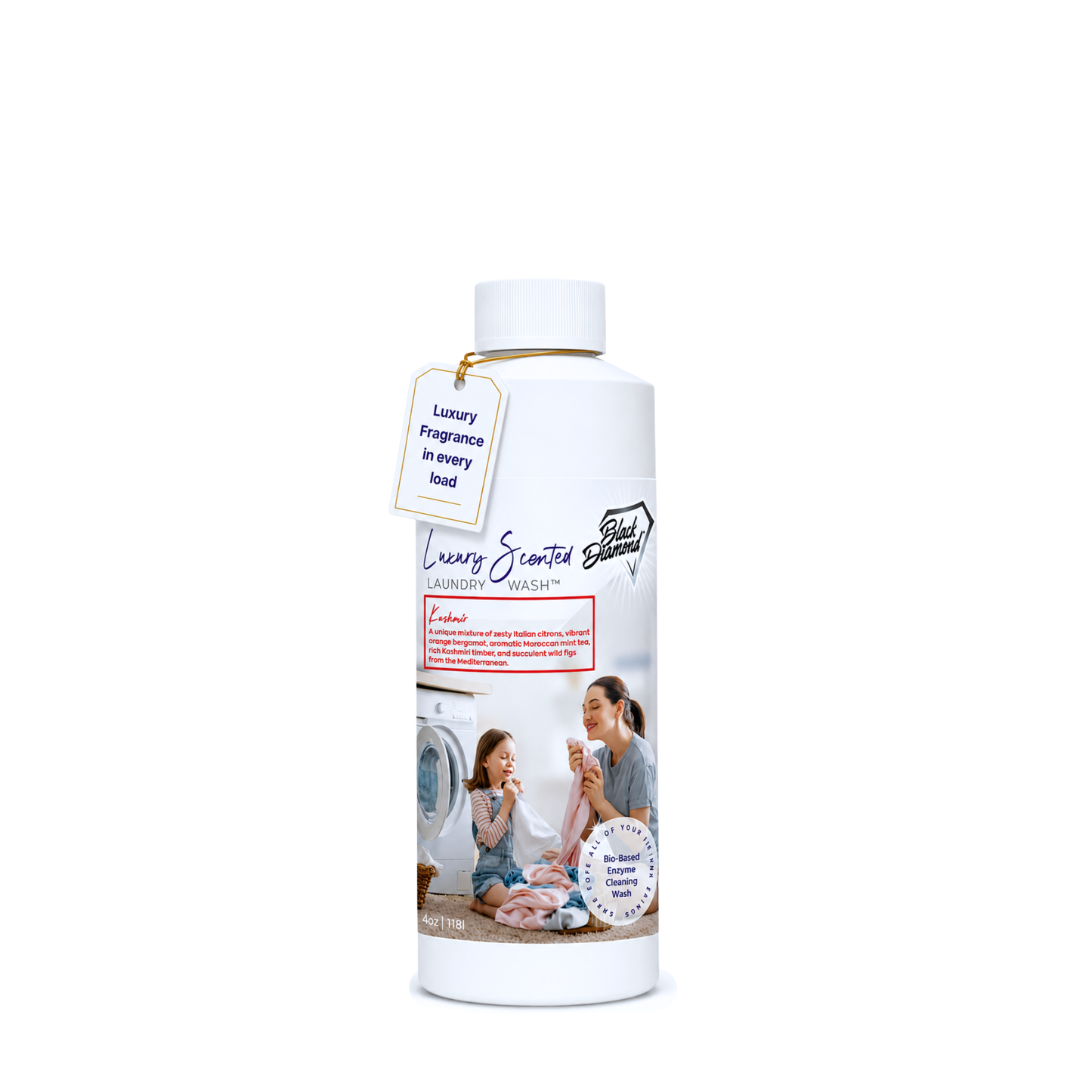 White bottle of laundry wash with a label on a white background