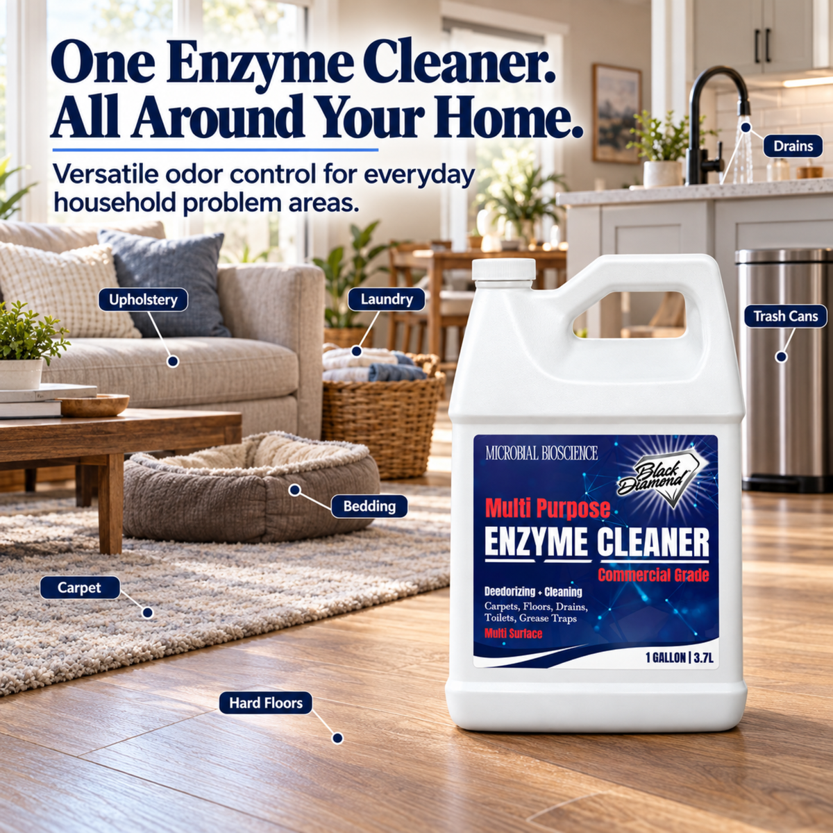 Commercial Multi-Purpose Enzyme Cleaner & Odor Eliminator | Pet & Human Urine, Stains & Odors | Carpet, Laundry, Bathroom, Drain & Trash Deodorizer | Dog, Cat, Organic Waste Remover (1 Gallon)