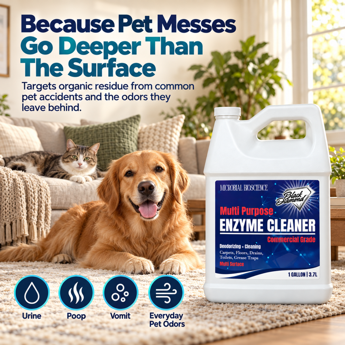 Commercial Multi-Purpose Enzyme Cleaner & Odor Eliminator | Pet & Human Urine, Stains & Odors | Carpet, Laundry, Bathroom, Drain & Trash Deodorizer | Dog, Cat, Organic Waste Remover (1 Gallon)