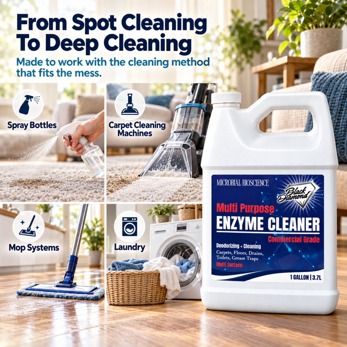 Commercial Multi-Purpose Enzyme Cleaner & Odor Eliminator | Pet & Human Urine, Stains & Odors | Carpet, Laundry, Bathroom, Drain & Trash Deodorizer | Dog, Cat, Organic Waste Remover (1 Gallon)