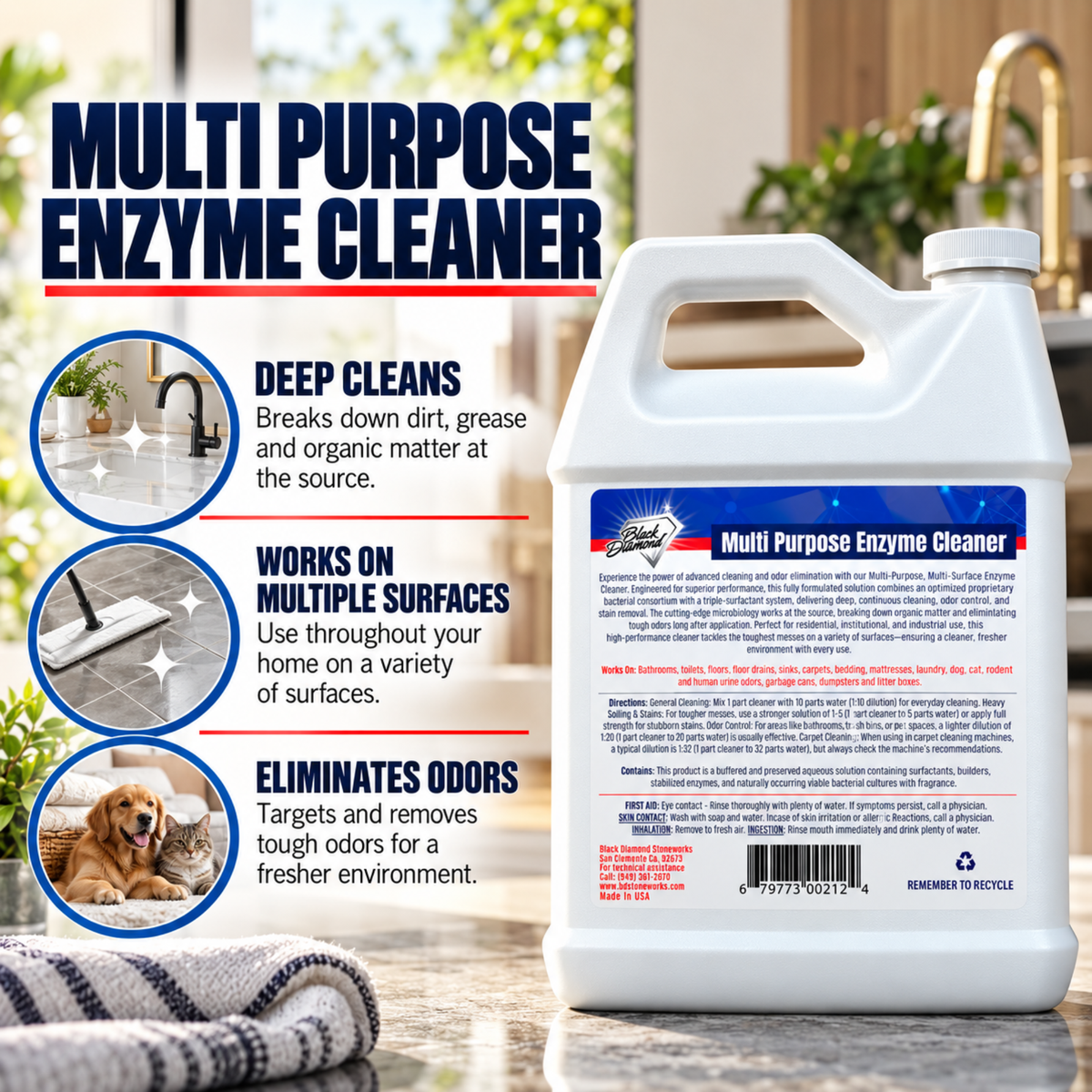 Commercial Multi-Purpose Enzyme Cleaner & Odor Eliminator | Pet & Human Urine, Stains & Odors | Carpet, Laundry, Bathroom, Drain & Trash Deodorizer | Dog, Cat, Organic Waste Remover (1 Gallon)