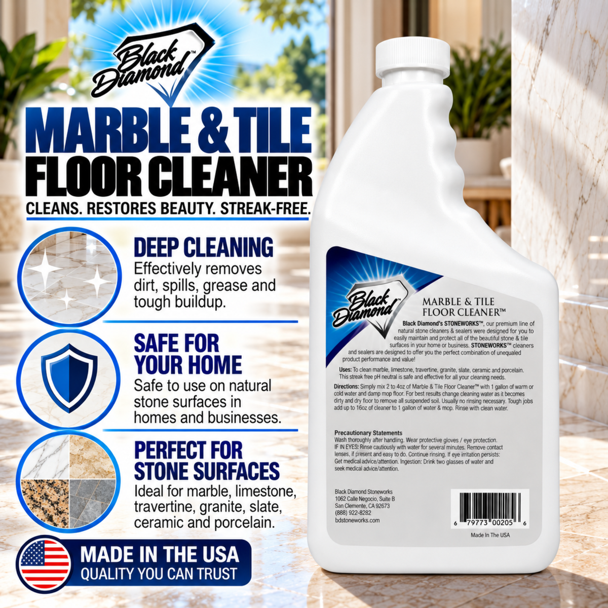Black Diamond Stoneworks Marble & Tile Floor Cleaner Concentrate, pH Neutral, Streak-Free & No-Rinse Formula for Granite, Travertine, Limestone, Slate, Ceramic & Porcelain Floors