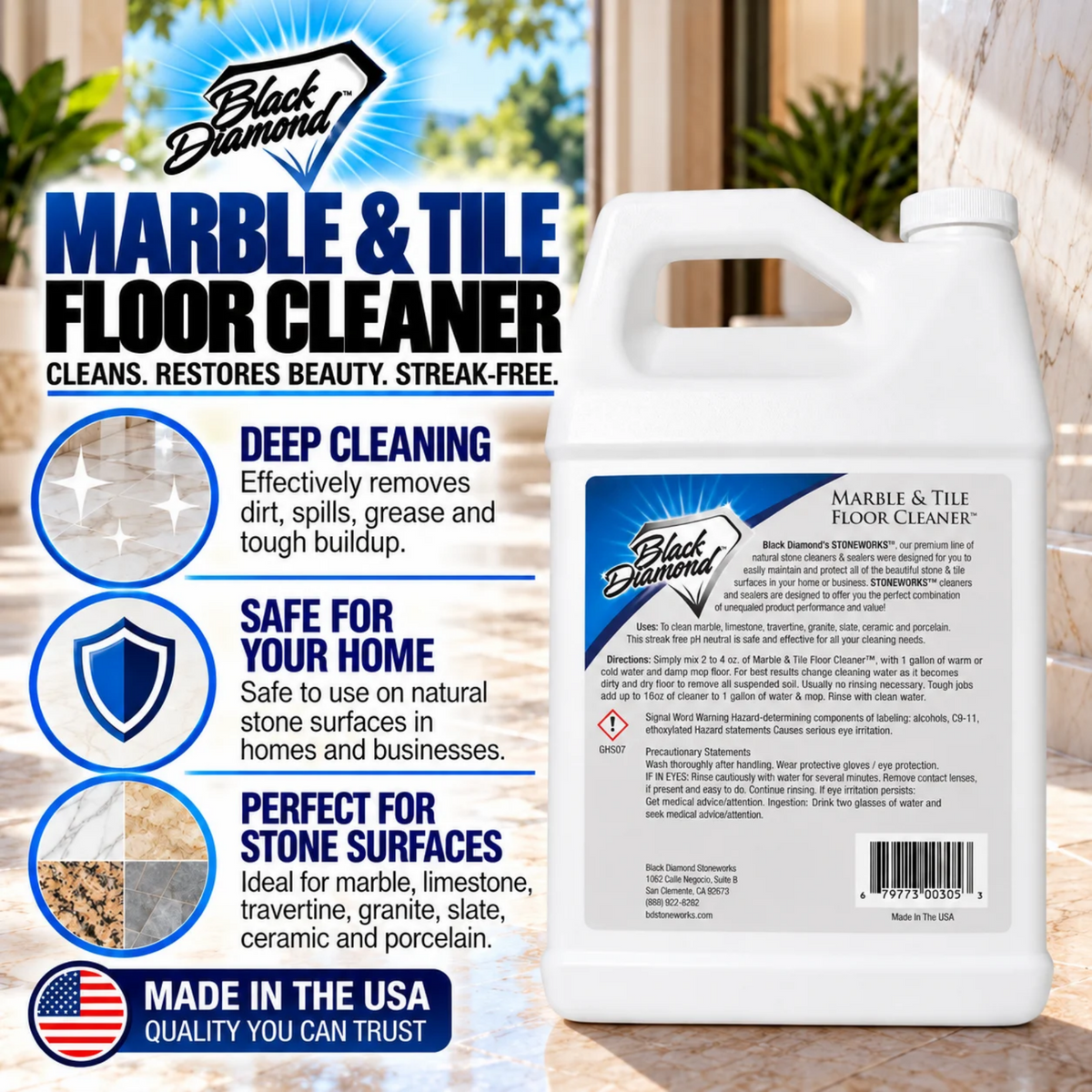 Black Diamond Stoneworks Marble & Tile Floor Cleaner Concentrate, pH Neutral, Streak-Free & No-Rinse Formula for Granite, Travertine, Limestone, Slate, Ceramic & Porcelain Floors