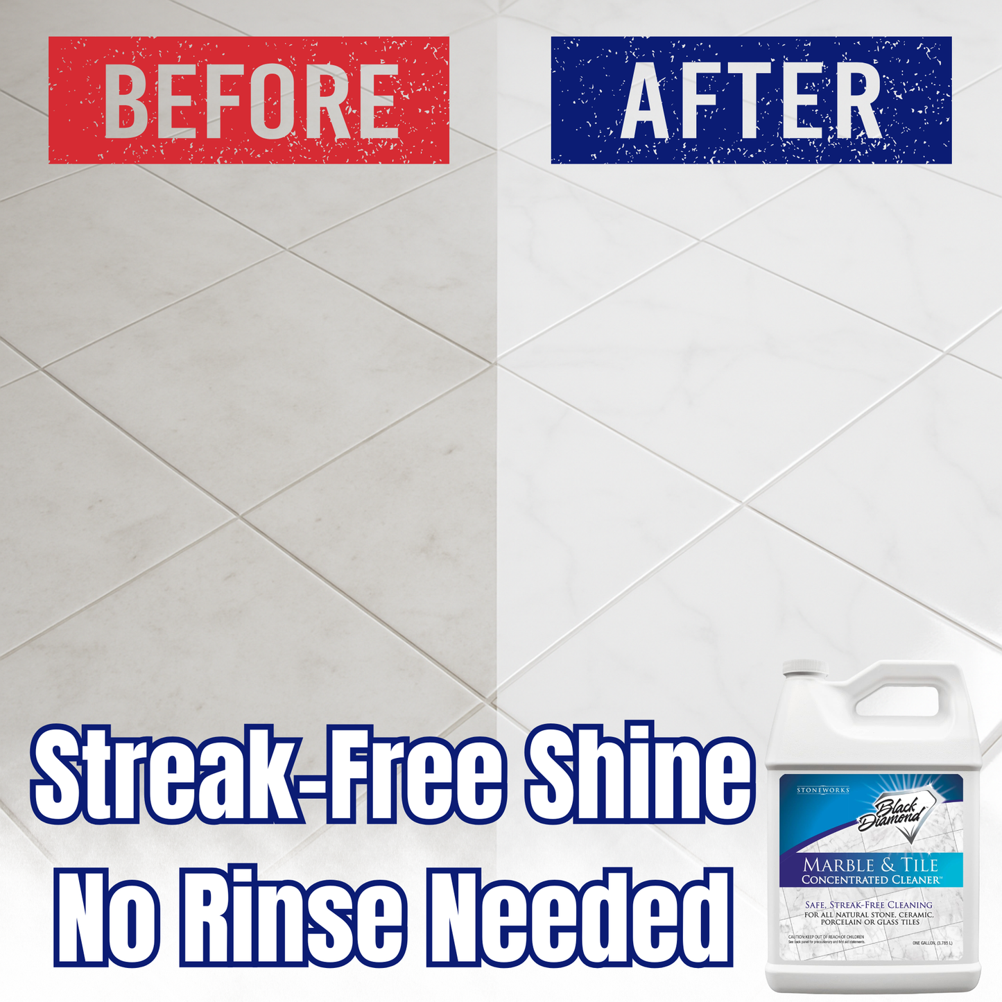 Before and after comparison of a tiled floor with cleaning product labeled 'Streak-Free Shine No Rinse Needed'.
